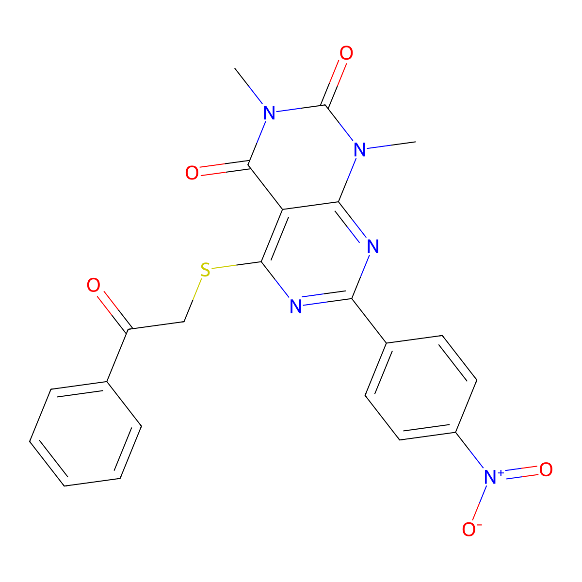 1,3-dimethyl-7-(4-nitrophenyl)-5-((2-oxo-2-phenylethyl)thio)pyrimido[4,5-d]pyrimidine-2,4(1H,3H)-dione molecular structure, CAS 847190-77-6