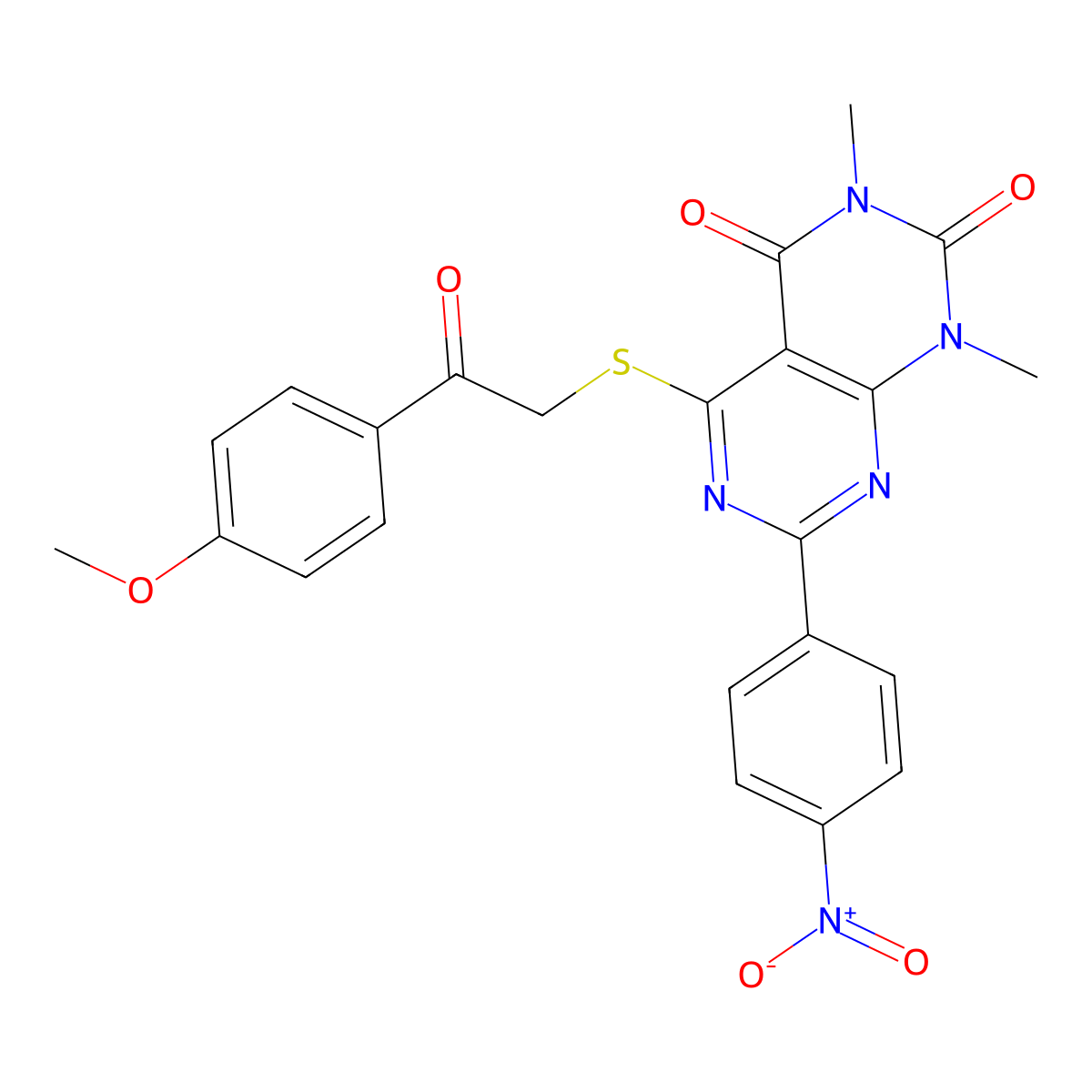 5-((2-(4-methoxyphenyl)-2-oxoethyl)thio)-1,3-dimethyl-7-(4-nitrophenyl)pyrimido[4,5-d]pyrimidine-2,4(1H,3H)-dione molecular structure, CAS 847190-78-7