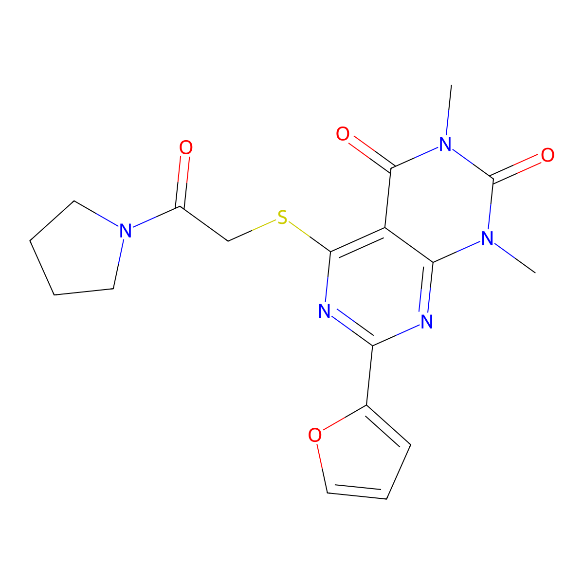 7-(furan-2-yl)-1,3-dimethyl-5-((2-oxo-2-(pyrrolidin-1-yl)ethyl)thio)pyrimido[4,5-d]pyrimidine-2,4(1H,3H)-dione molecular structure, CAS 847190-80-1