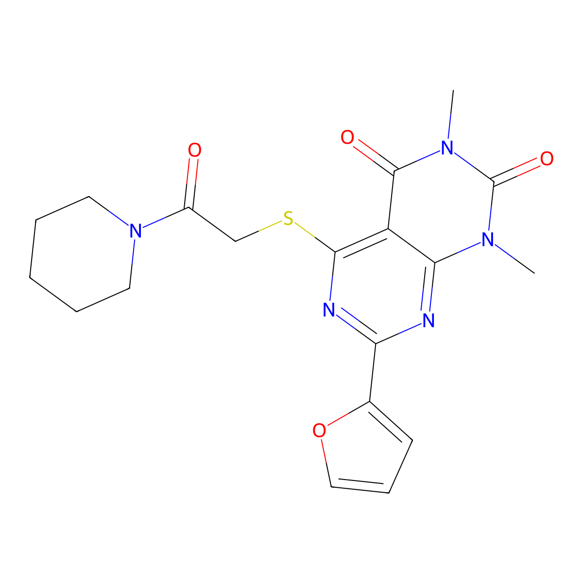 7-(furan-2-yl)-1,3-dimethyl-5-((2-oxo-2-(piperidin-1-yl)ethyl)thio)pyrimido[4,5-d]pyrimidine-2,4(1H,3H)-dione molecular structure, CAS 847190-81-2