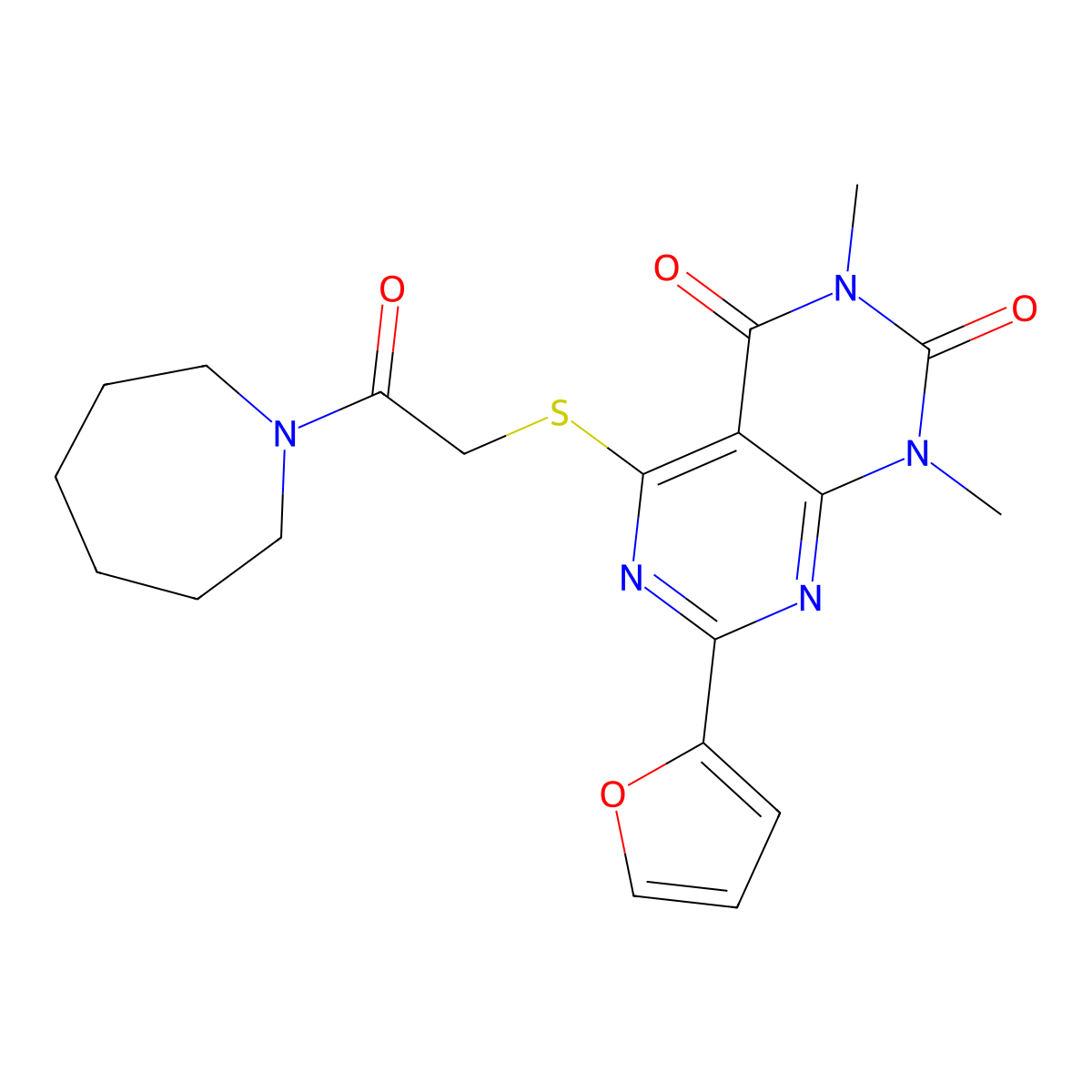 5-((2-(azepan-1-yl)-2-oxoethyl)thio)-7-(furan-2-yl)-1,3-dimethylpyrimido[4,5-d]pyrimidine-2,4(1H,3H)-dione molecular structure, CAS 847190-82-3