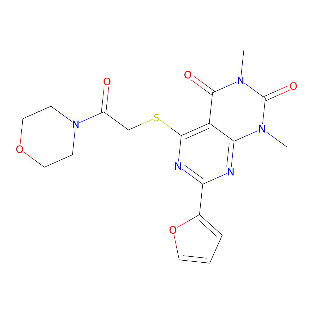 7-(furan-2-yl)-1,3-dimethyl-5-((2-morpholino-2-oxoethyl)thio)pyrimido[4,5-d]pyrimidine-2,4(1H,3H)-dione molecular structure, CAS 847190-83-4