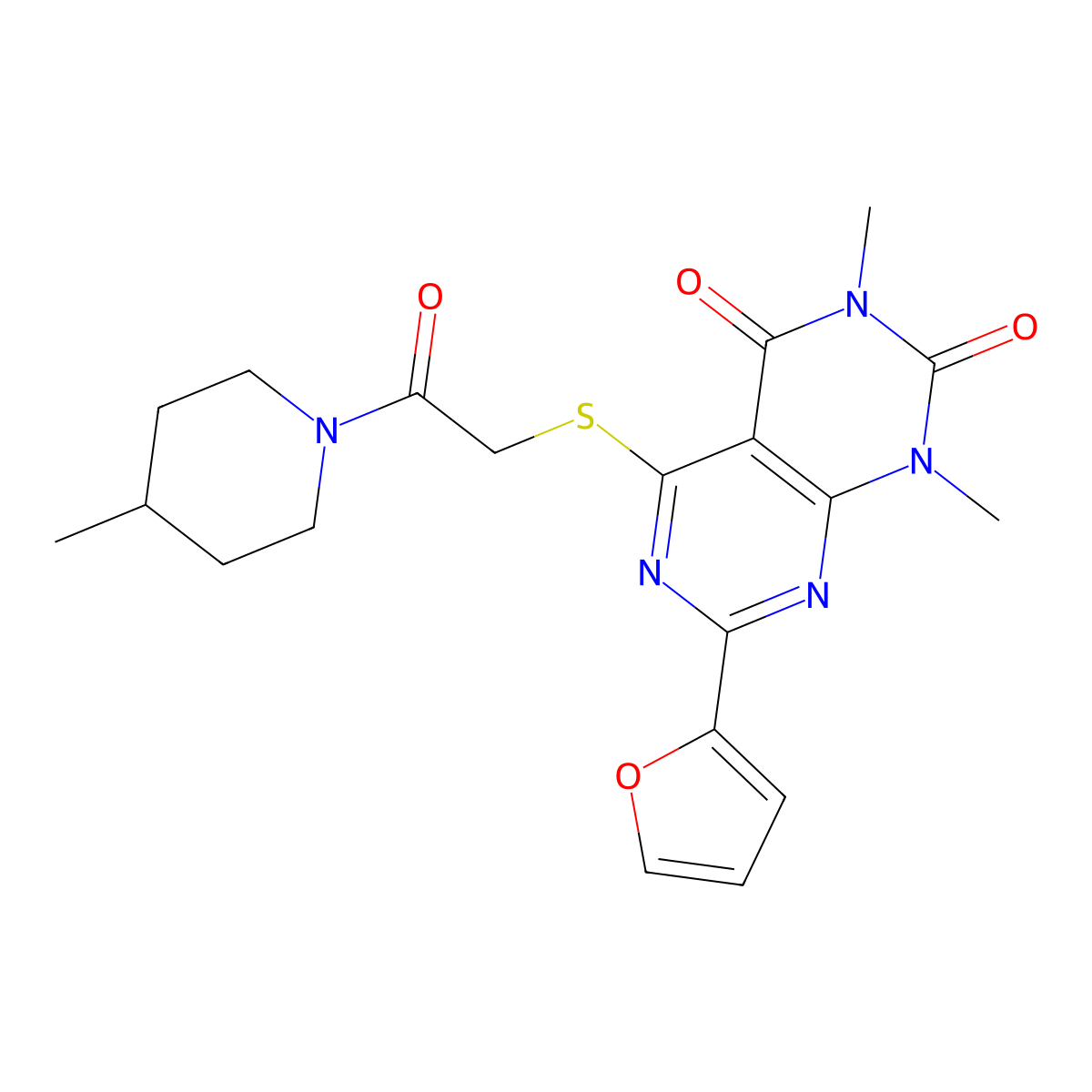 7-(Furan-2-yl)-1,3-dimethyl-5-[2-(4-methylpiperidin-1-yl)-2-oxoethyl]sulfanylpyrimido[4,5-d]pyrimidine-2,4-dione molecular structure, CAS 847190-84-5