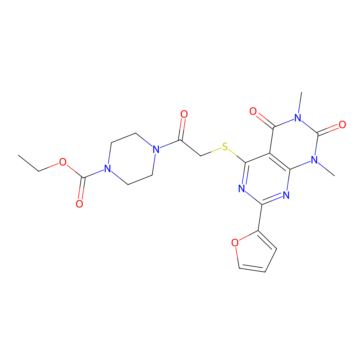 Ethyl 4-(2-((2-(furan-2-yl)-6,8-dimethyl-5,7-dioxo-5,6,7,8-tetrahydropyrimido[4,5-d]pyrimidin-4-yl)thio)acetyl)piperazine-1-carboxylate molecular structure, CAS 847190-87-8