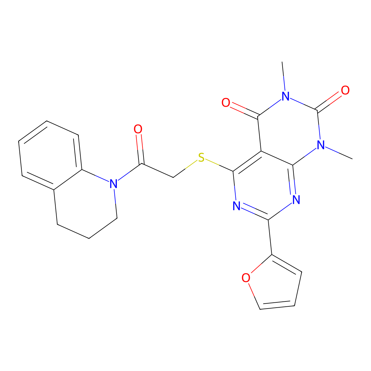 5-((2-(3,4-dihydroquinolin-1(2H)-yl)-2-oxoethyl)thio)-7-(furan-2-yl)-1,3-dimethylpyrimido[4,5-d]pyrimidine-2,4(1H,3H)-dione molecular structure, CAS 847190-88-9