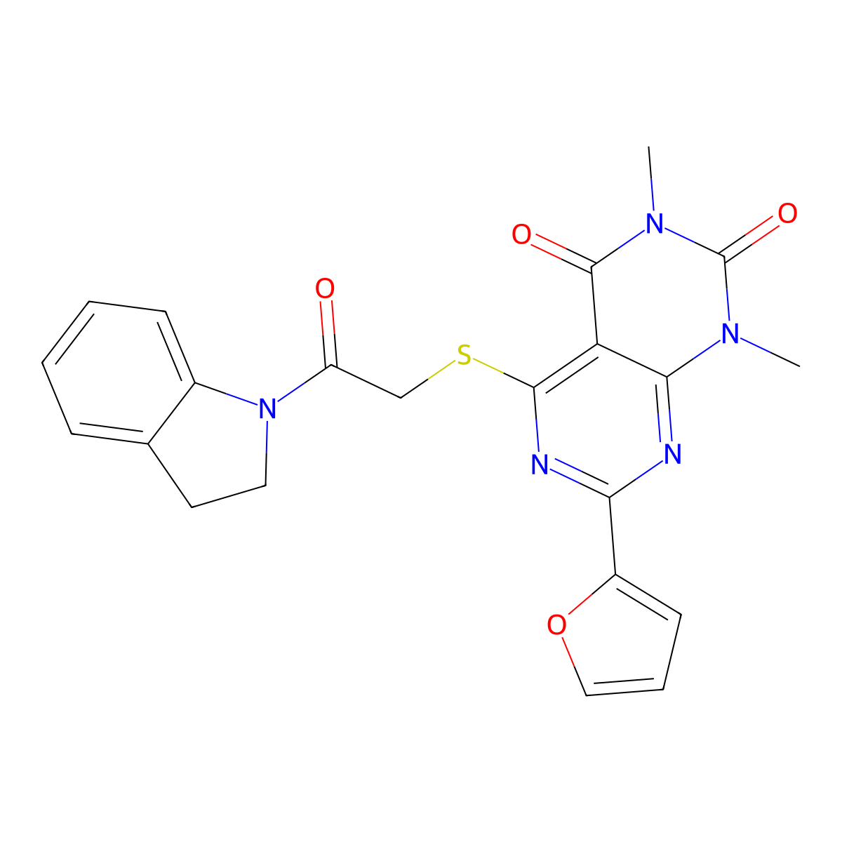 7-(furan-2-yl)-5-((2-(indolin-1-yl)-2-oxoethyl)thio)-1,3-dimethylpyrimido[4,5-d]pyrimidine-2,4(1H,3H)-dione molecular structure, CAS 847190-89-0
