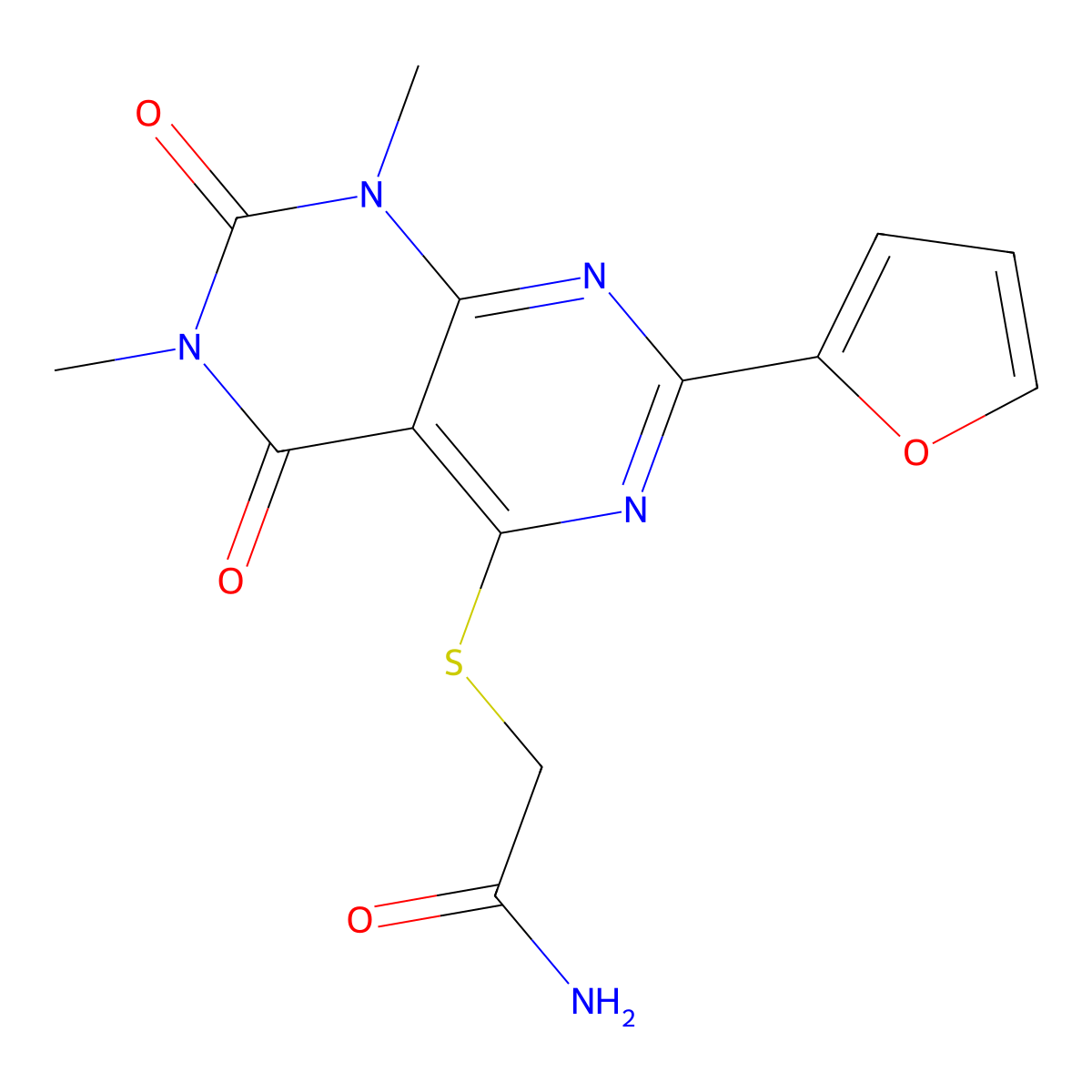 2-[7-(Furan-2-yl)-1,3-dimethyl-2,4-dioxopyrimido[4,5-d]pyrimidin-5-yl]sulfanylacetamide molecular structure, CAS 847190-90-3
