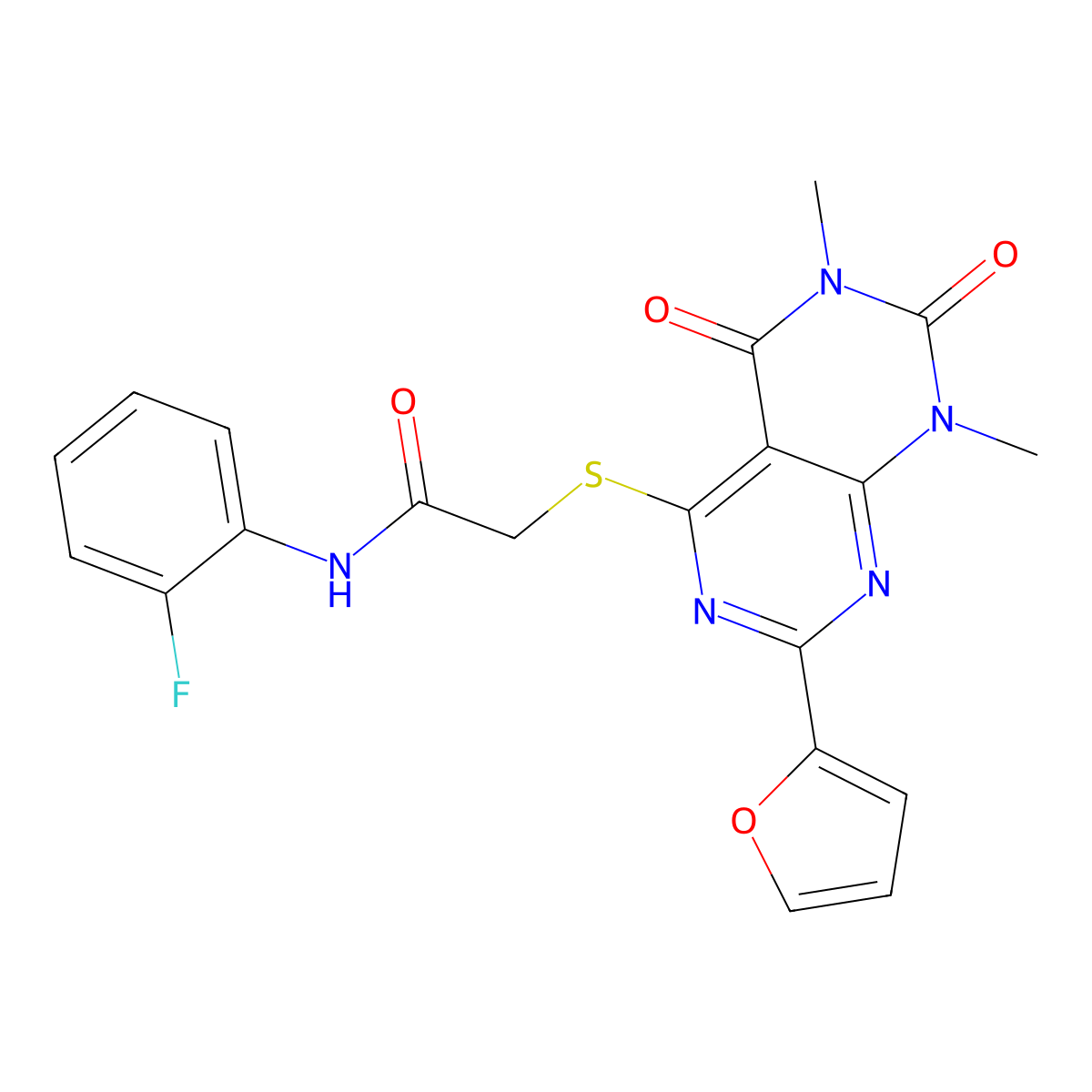 N-(2-fluorophenyl)-2-((2-(furan-2-yl)-6,8-dimethyl-5,7-dioxo-5,6,7,8-tetrahydropyrimido[4,5-d]pyrimidin-4-yl)thio)acetamide molecular structure, CAS 847190-92-5