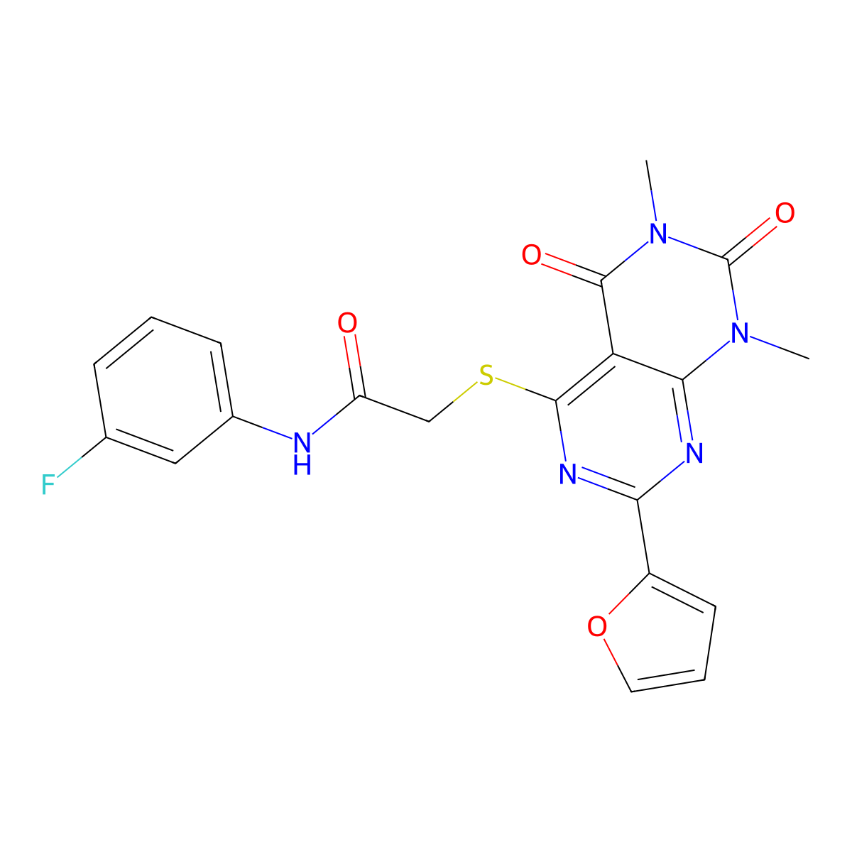 N-(3-fluorophenyl)-2-((2-(furan-2-yl)-6,8-dimethyl-5,7-dioxo-5,6,7,8-tetrahydropyrimido[4,5-d]pyrimidin-4-yl)thio)acetamide molecular structure, CAS 847190-93-6