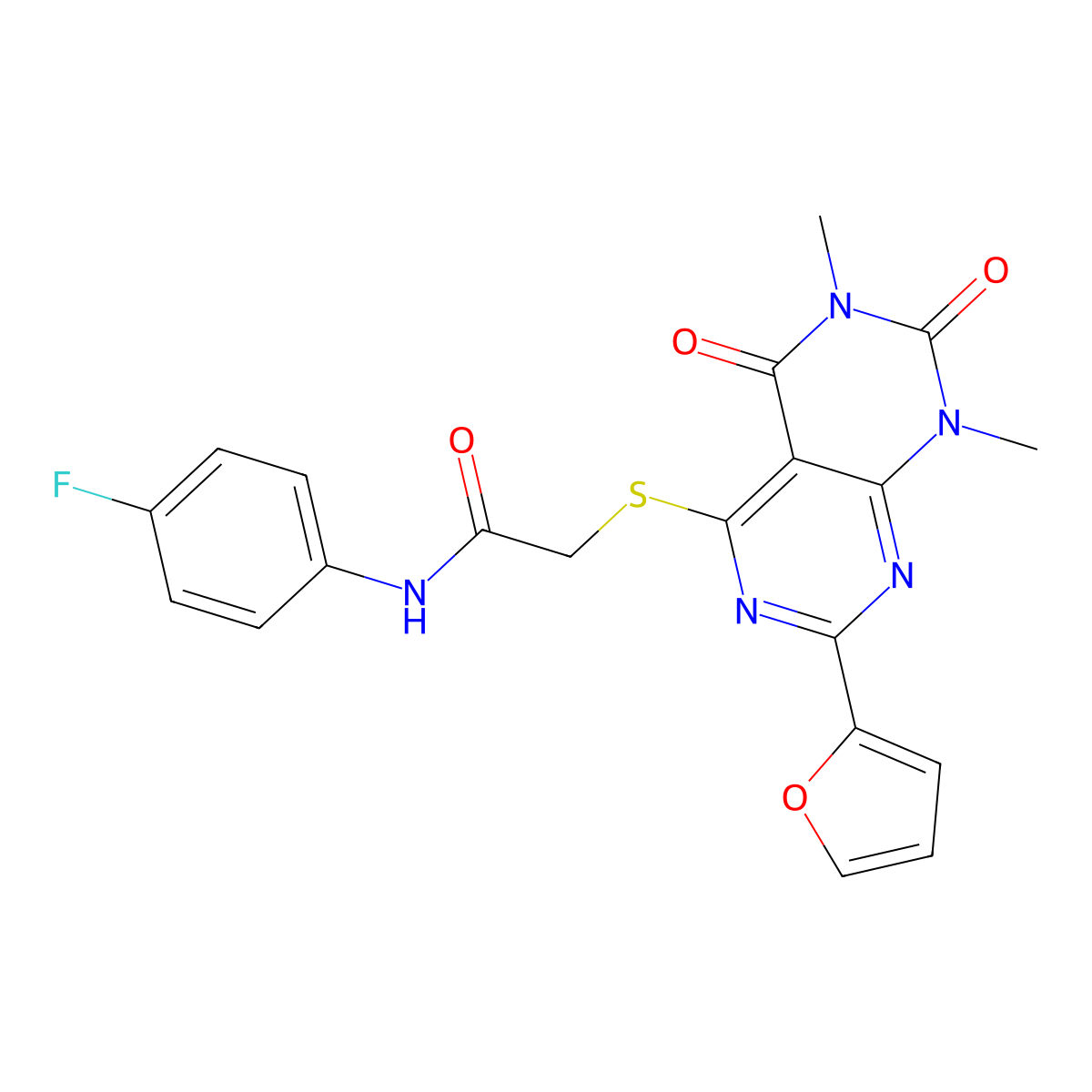 N-(4-fluorophenyl)-2-((2-(furan-2-yl)-6,8-dimethyl-5,7-dioxo-5,6,7,8-tetrahydropyrimido[4,5-d]pyrimidin-4-yl)thio)acetamide molecular structure, CAS 847190-94-7