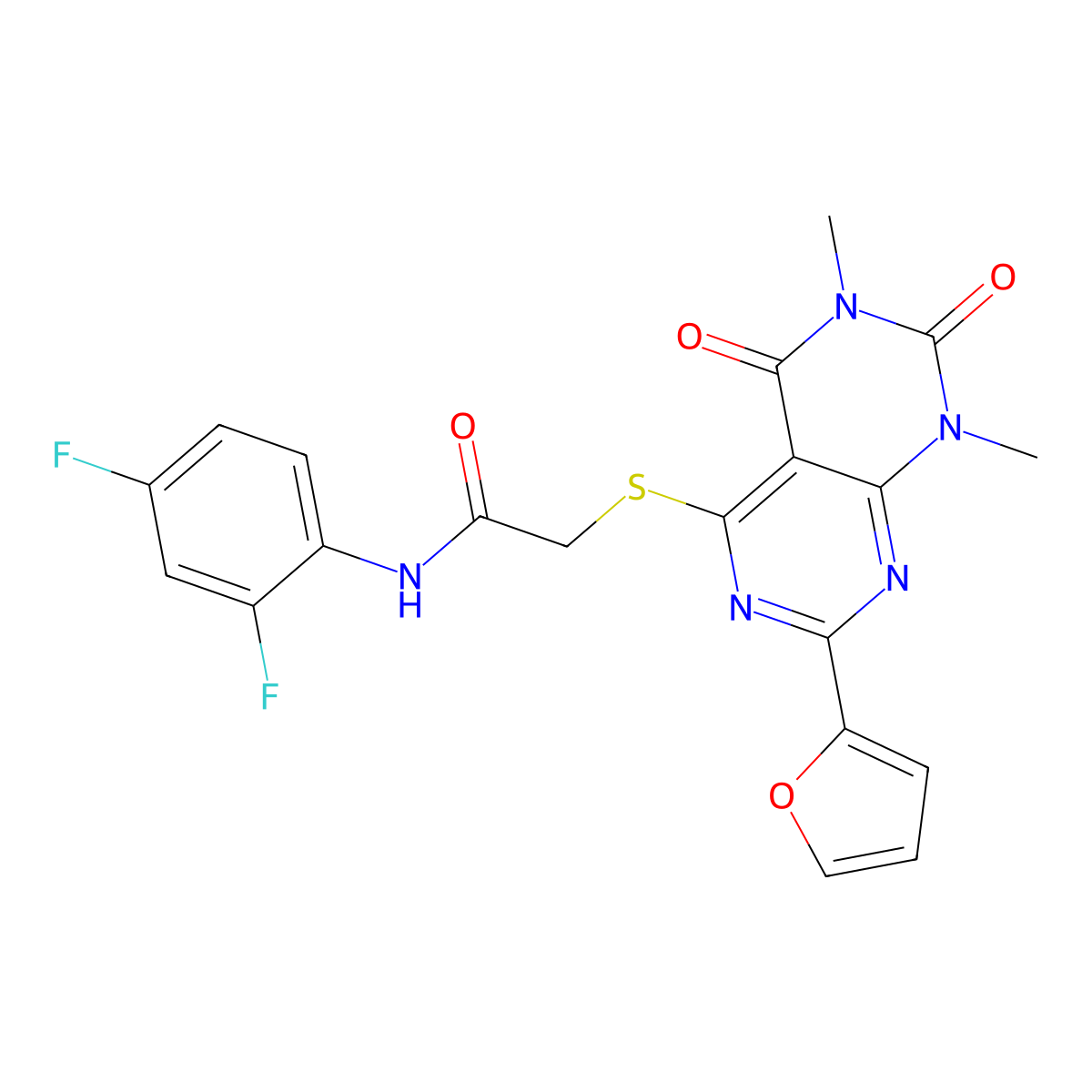 N-(2,4-difluorophenyl)-2-((2-(furan-2-yl)-6,8-dimethyl-5,7-dioxo-5,6,7,8-tetrahydropyrimido[4,5-d]pyrimidin-4-yl)thio)acetamide molecular structure, CAS 847190-95-8