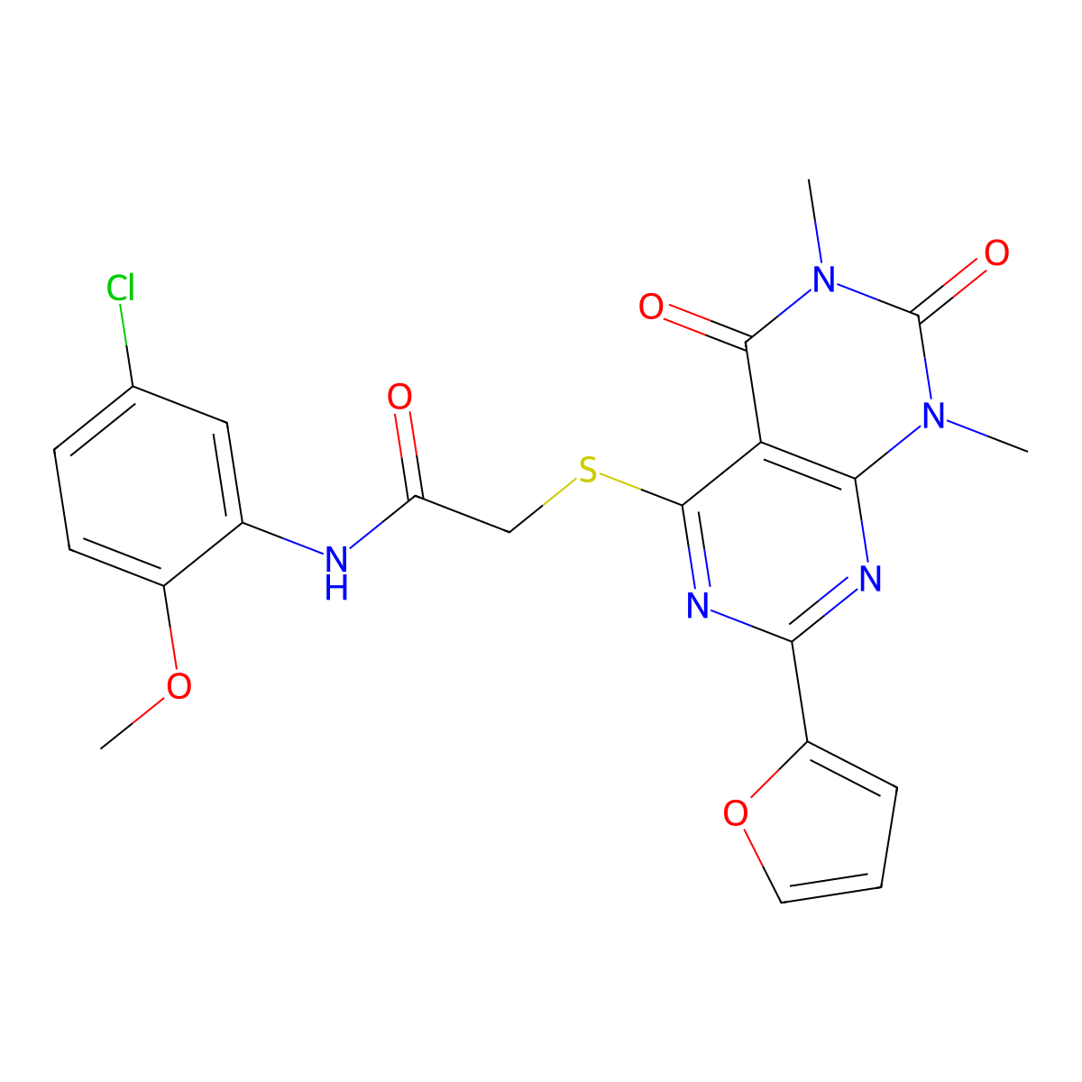 N-(5-chloro-2-methoxyphenyl)-2-((2-(furan-2-yl)-6,8-dimethyl-5,7-dioxo-5,6,7,8-tetrahydropyrimido[4,5-d]pyrimidin-4-yl)thio)acetamide molecular structure, CAS 847190-96-9