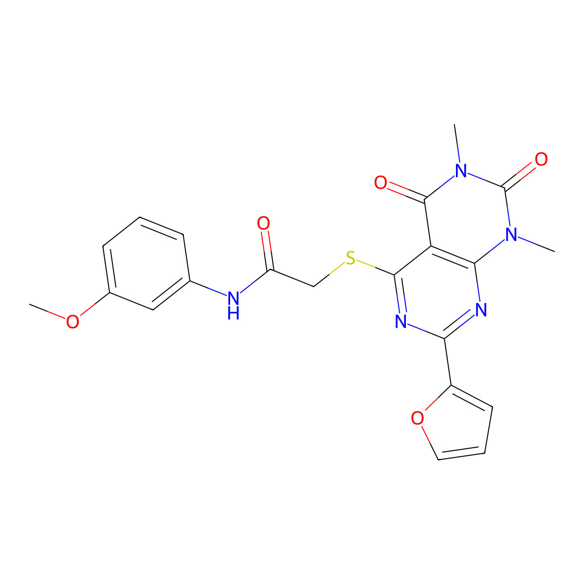 2-((2-(furan-2-yl)-6,8-dimethyl-5,7-dioxo-5,6,7,8-tetrahydropyrimido[4,5-d]pyrimidin-4-yl)thio)-N-(3-methoxyphenyl)acetamide molecular structure, CAS 847190-97-0