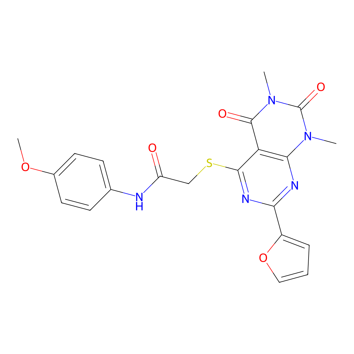 2-((2-(furan-2-yl)-6,8-dimethyl-5,7-dioxo-5,6,7,8-tetrahydropyrimido[4,5-d]pyrimidin-4-yl)thio)-N-(4-methoxyphenyl)acetamide molecular structure, CAS 847190-98-1