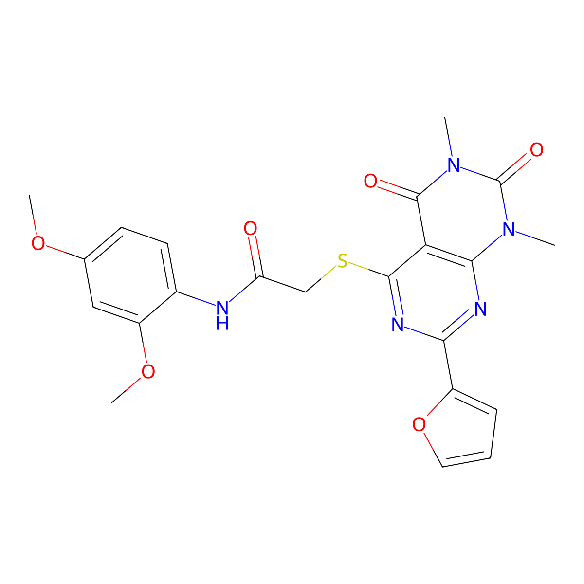 N-(2,4-dimethoxyphenyl)-2-((2-(furan-2-yl)-6,8-dimethyl-5,7-dioxo-5,6,7,8-tetrahydropyrimido[4,5-d]pyrimidin-4-yl)thio)acetamide molecular structure, CAS 847190-99-2