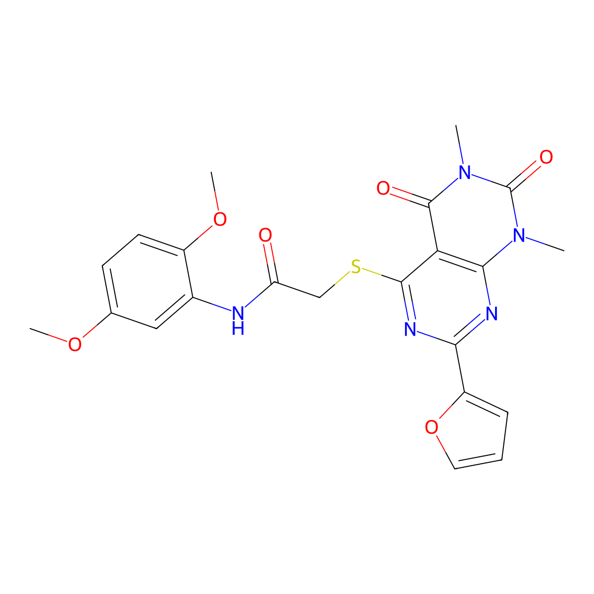 N-(2,5-dimethoxyphenyl)-2-((2-(furan-2-yl)-6,8-dimethyl-5,7-dioxo-5,6,7,8-tetrahydropyrimido[4,5-d]pyrimidin-4-yl)thio)acetamide molecular structure, CAS 847191-00-8