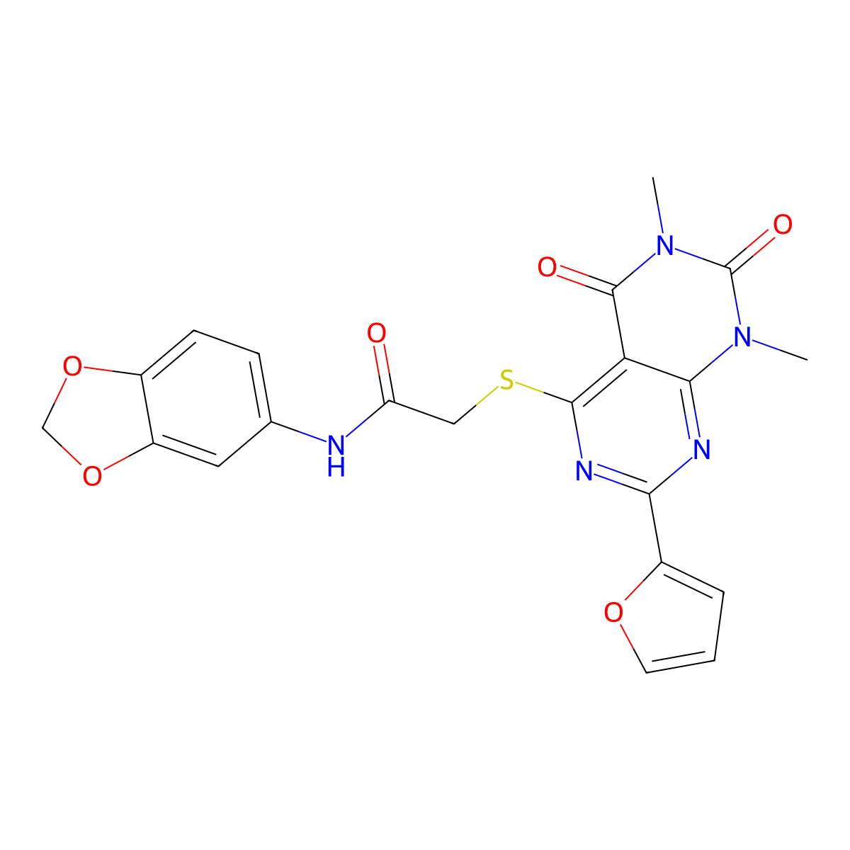 N-(benzo[d][1,3]dioxol-5-yl)-2-((2-(furan-2-yl)-6,8-dimethyl-5,7-dioxo-5,6,7,8-tetrahydropyrimido[4,5-d]pyrimidin-4-yl)thio)acetamide molecular structure, CAS 847191-01-9