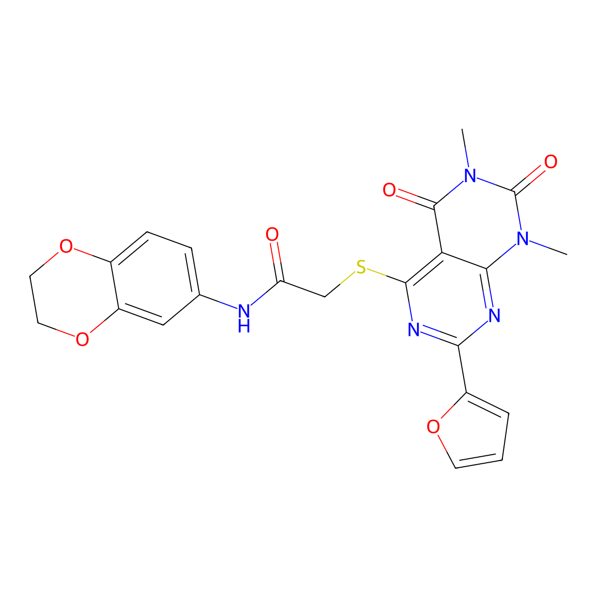 N-(2,3-dihydrobenzo[b][1,4]dioxin-6-yl)-2-((2-(furan-2-yl)-6,8-dimethyl-5,7-dioxo-5,6,7,8-tetrahydropyrimido[4,5-d]pyrimidin-4-yl)thio)acetamide molecular structure, CAS 847191-02-0