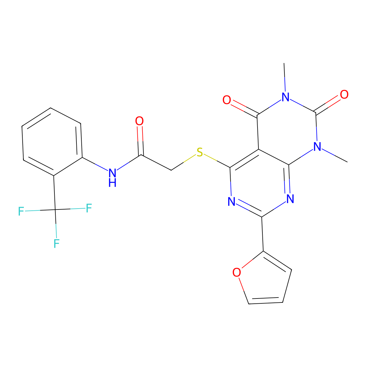 2-((2-(furan-2-yl)-6,8-dimethyl-5,7-dioxo-5,6,7,8-tetrahydropyrimido[4,5-d]pyrimidin-4-yl)thio)-N-(2-(trifluoromethyl)phenyl)acetamide molecular structure, CAS 847191-03-1