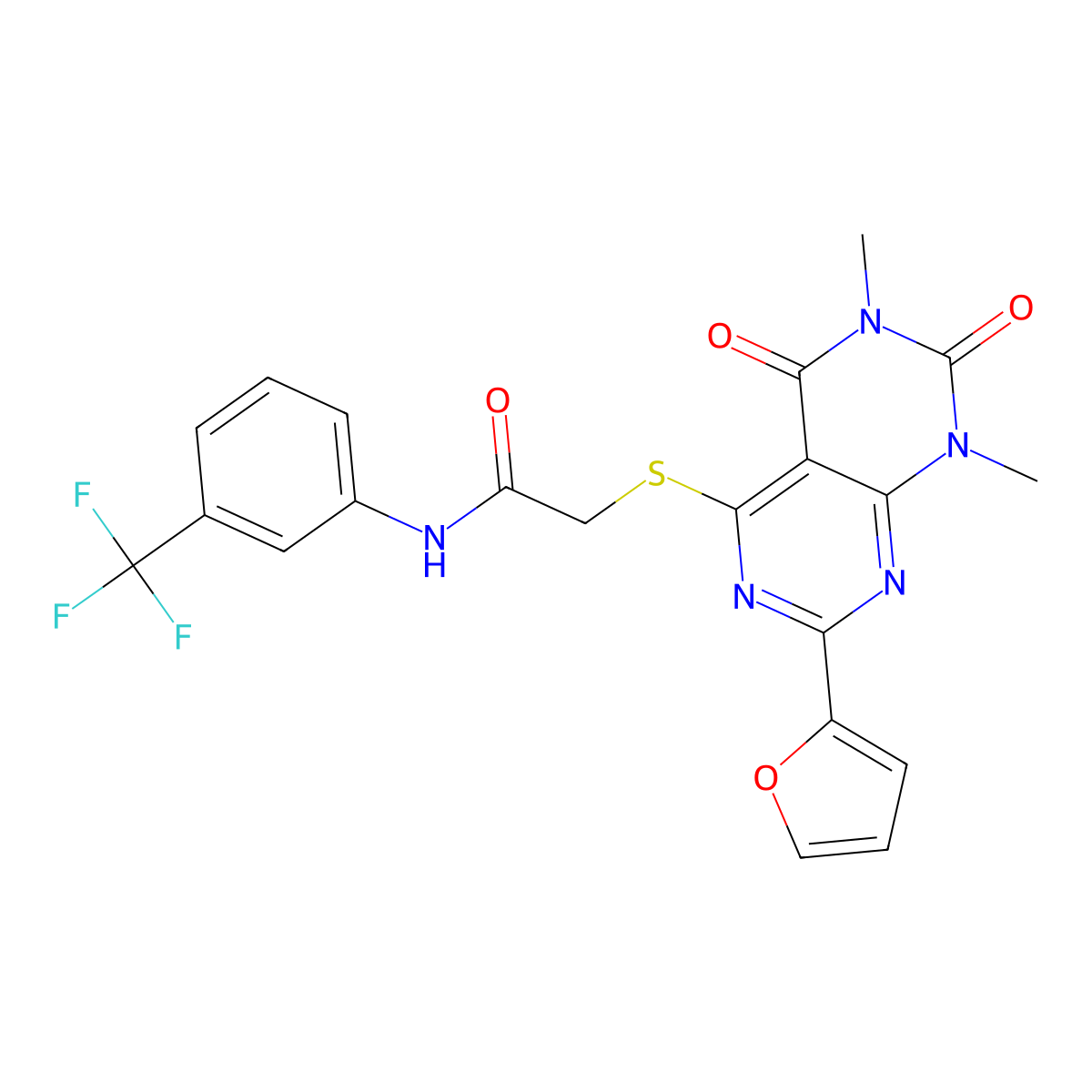 2-((2-(furan-2-yl)-6,8-dimethyl-5,7-dioxo-5,6,7,8-tetrahydropyrimido[4,5-d]pyrimidin-4-yl)thio)-N-(3-(trifluoromethyl)phenyl)acetamide molecular structure, CAS 847191-04-2