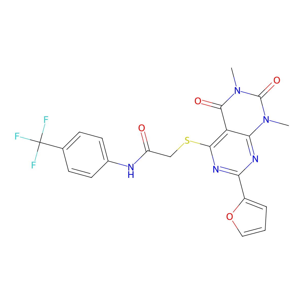 2-((2-(furan-2-yl)-6,8-dimethyl-5,7-dioxo-5,6,7,8-tetrahydropyrimido[4,5-d]pyrimidin-4-yl)thio)-N-(4-(trifluoromethyl)phenyl)acetamide molecular structure, CAS 847191-05-3