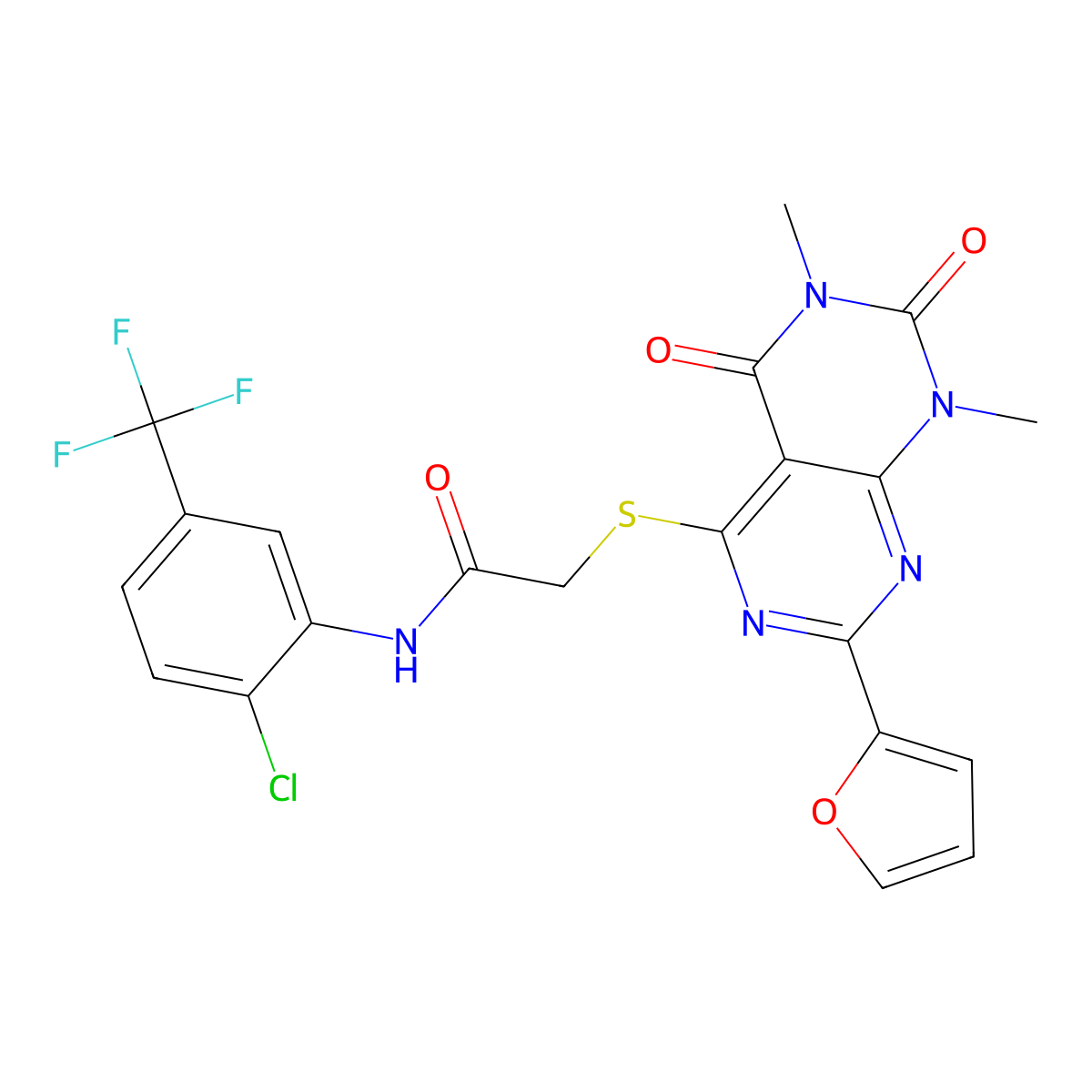 N-(2-chloro-5-(trifluoromethyl)phenyl)-2-((2-(furan-2-yl)-6,8-dimethyl-5,7-dioxo-5,6,7,8-tetrahydropyrimido[4,5-d]pyrimidin-4-yl)thio)acetamide molecular structure, CAS 847191-06-4