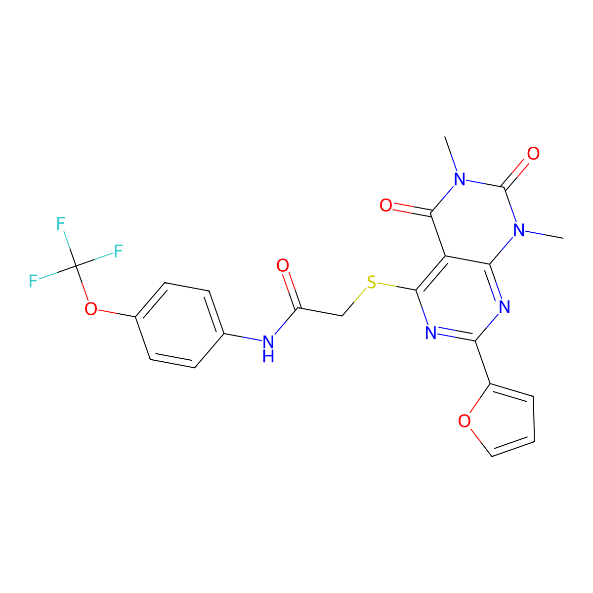 2-((2-(furan-2-yl)-6,8-dimethyl-5,7-dioxo-5,6,7,8-tetrahydropyrimido[4,5-d]pyrimidin-4-yl)thio)-N-(4-(trifluoromethoxy)phenyl)acetamide molecular structure, CAS 847191-07-5