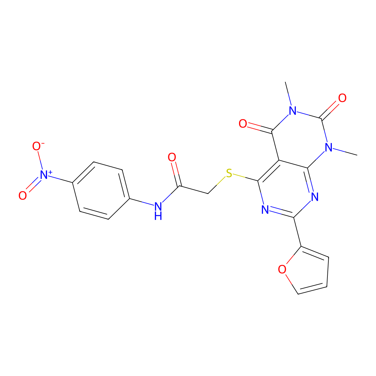 2-((2-(furan-2-yl)-6,8-dimethyl-5,7-dioxo-5,6,7,8-tetrahydropyrimido[4,5-d]pyrimidin-4-yl)thio)-N-(4-nitrophenyl)acetamide molecular structure, CAS 847191-08-6
