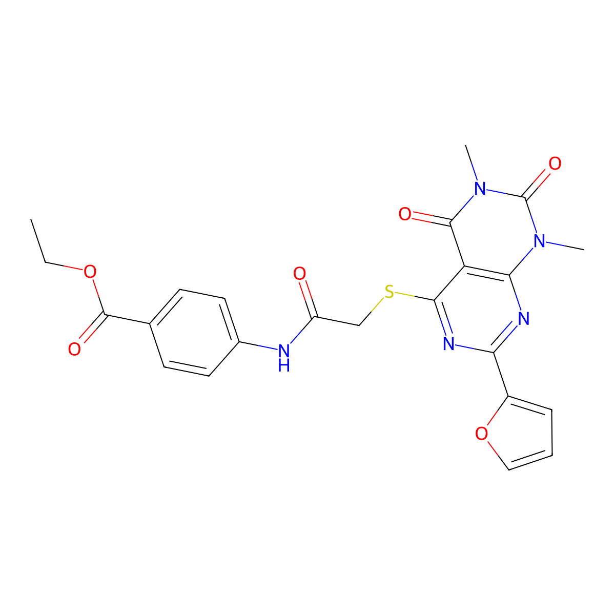Ethyl 4-(2-((2-(furan-2-yl)-6,8-dimethyl-5,7-dioxo-5,6,7,8-tetrahydropyrimido[4,5-d]pyrimidin-4-yl)thio)acetamido)benzoate molecular structure, CAS 847191-09-7