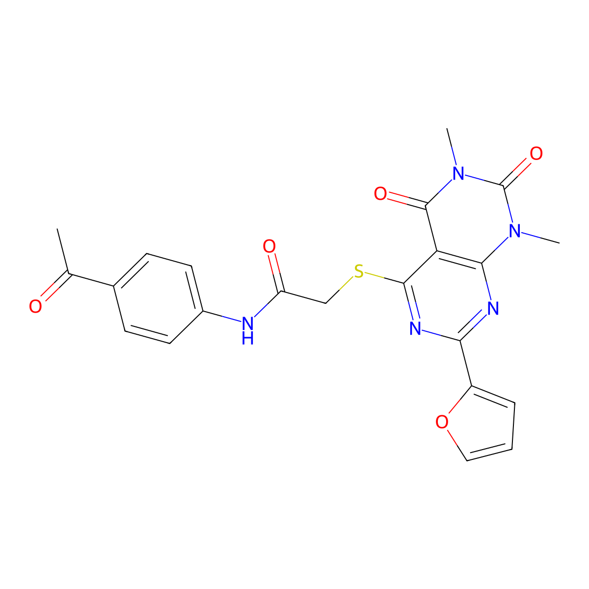 N-(4-acetylphenyl)-2-((2-(furan-2-yl)-6,8-dimethyl-5,7-dioxo-5,6,7,8-tetrahydropyrimido[4,5-d]pyrimidin-4-yl)thio)acetamide molecular structure, CAS 847191-10-0