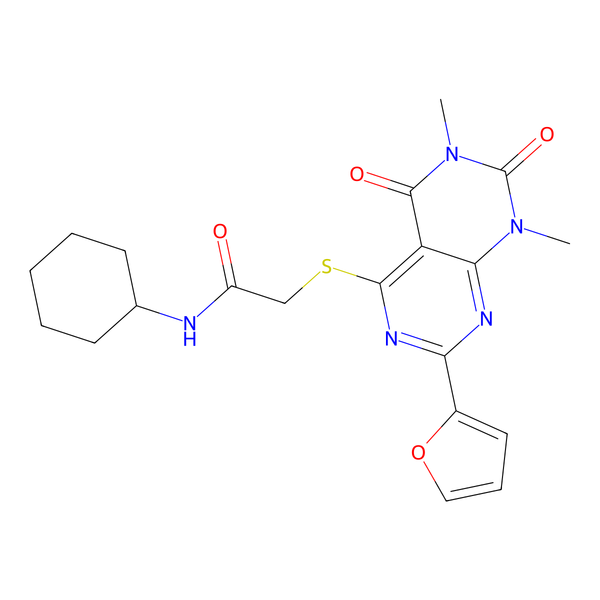 N-cyclohexyl-2-((2-(furan-2-yl)-6,8-dimethyl-5,7-dioxo-5,6,7,8-tetrahydropyrimido[4,5-d]pyrimidin-4-yl)thio)acetamide molecular structure, CAS 847191-11-1