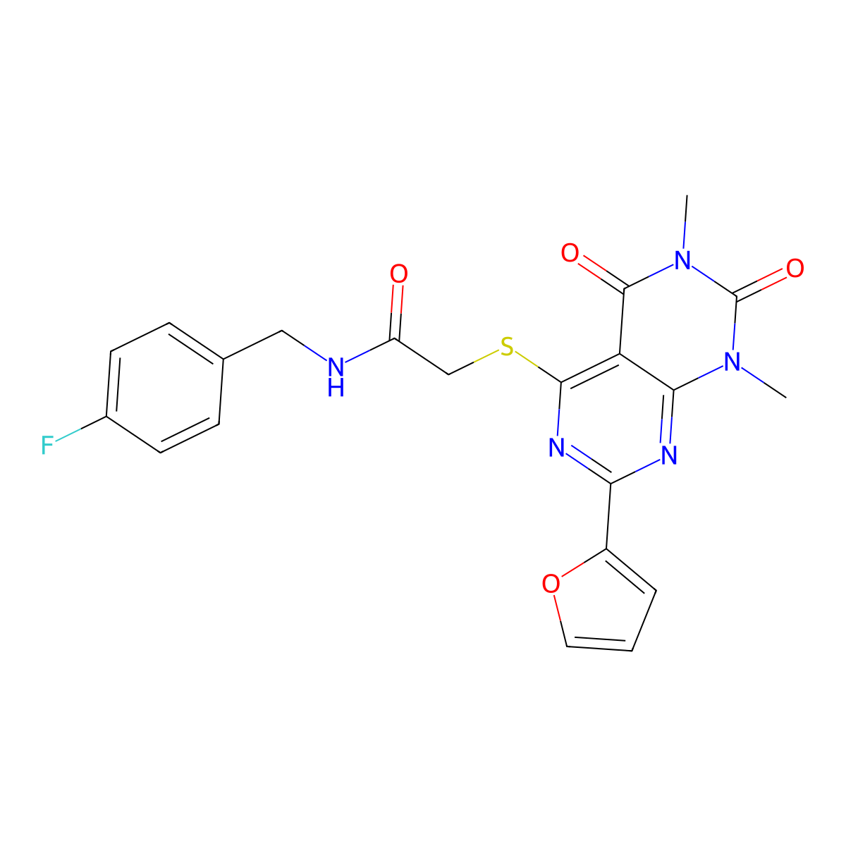 N-(4-fluorobenzyl)-2-((2-(furan-2-yl)-6,8-dimethyl-5,7-dioxo-5,6,7,8-tetrahydropyrimido[4,5-d]pyrimidin-4-yl)thio)acetamide molecular structure, CAS 847191-13-3
