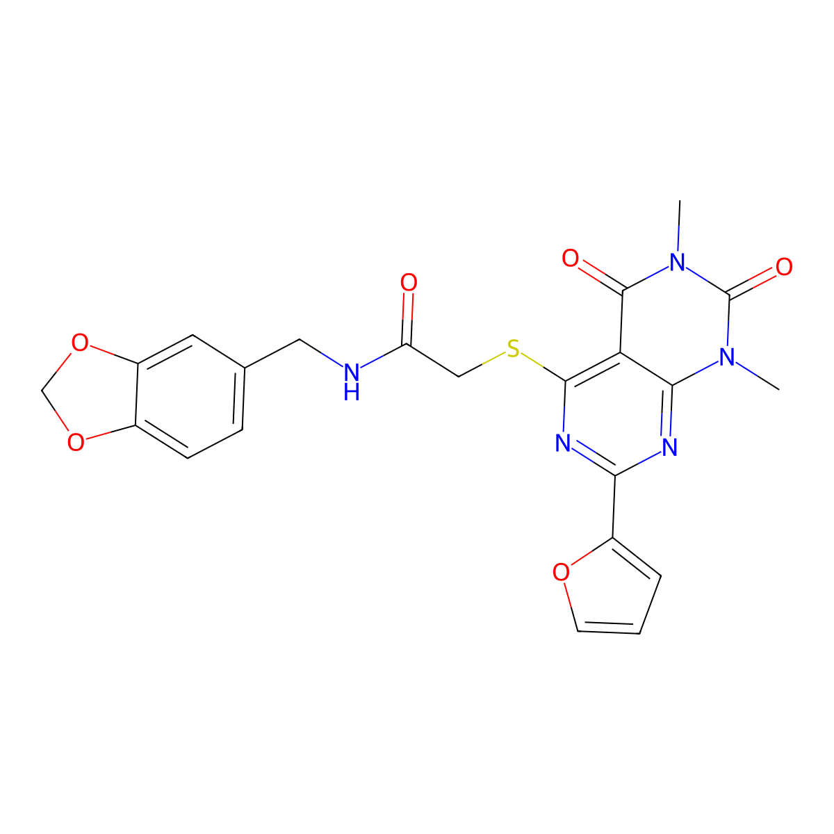 N-(benzo[d][1,3]dioxol-5-ylmethyl)-2-((2-(furan-2-yl)-6,8-dimethyl-5,7-dioxo-5,6,7,8-tetrahydropyrimido[4,5-d]pyrimidin-4-yl)thio)acetamide molecular structure, CAS 847191-14-4
