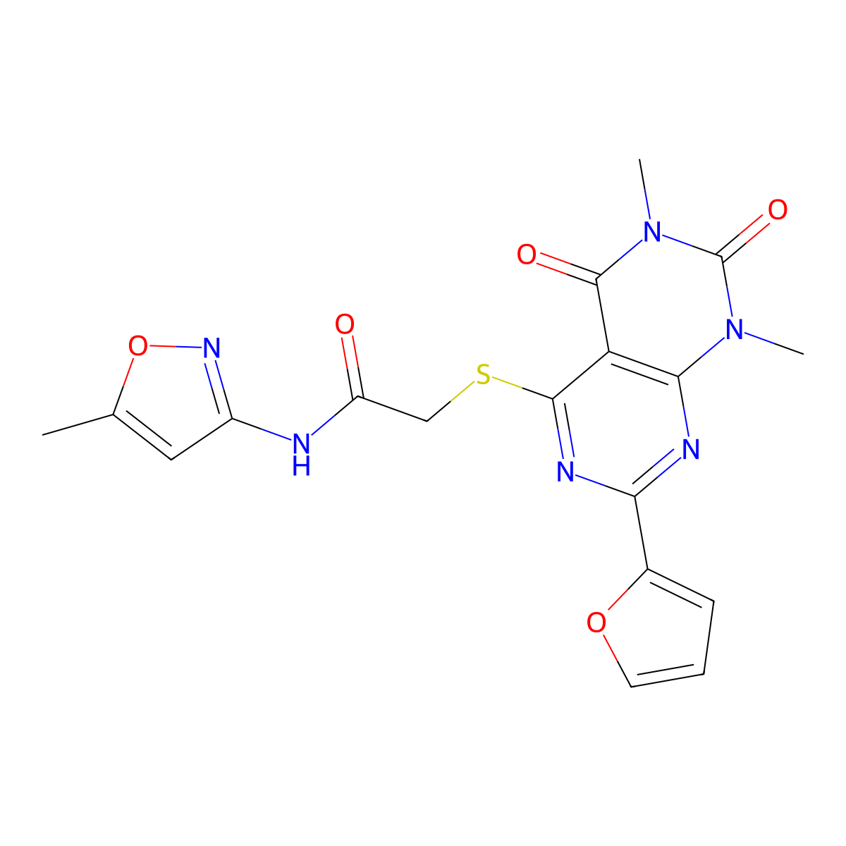 2-((2-(furan-2-yl)-6,8-dimethyl-5,7-dioxo-5,6,7,8-tetrahydropyrimido[4,5-d]pyrimidin-4-yl)thio)-N-(5-methylisoxazol-3-yl)acetamide molecular structure, CAS 847191-16-6