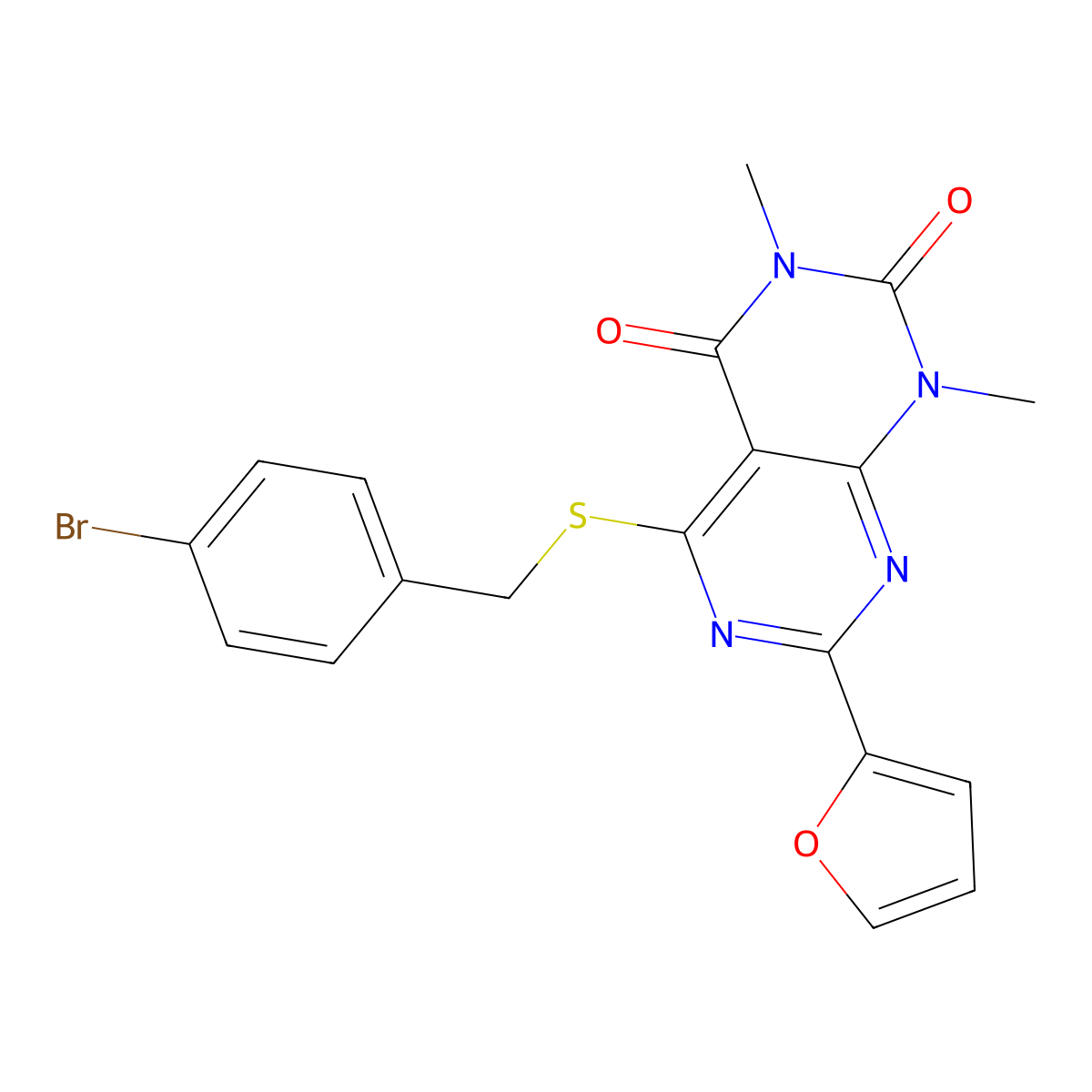 5-((4-bromobenzyl)thio)-7-(furan-2-yl)-1,3-dimethylpyrimido[4,5-d]pyrimidine-2,4(1H,3H)-dione molecular structure, CAS 847191-19-9