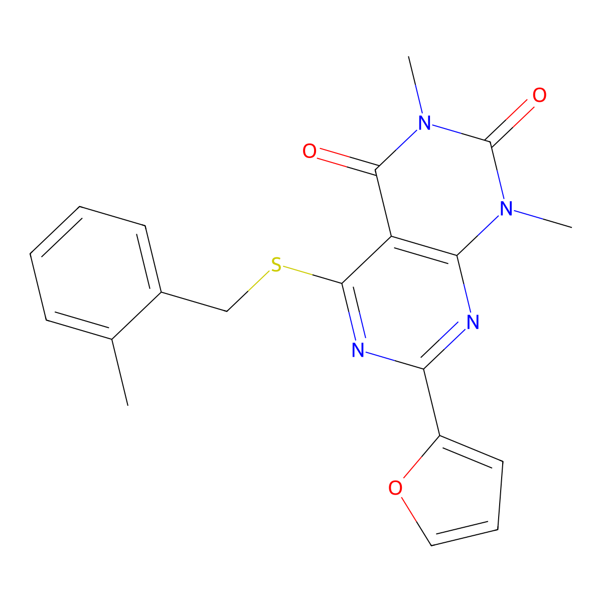 7-(furan-2-yl)-1,3-dimethyl-5-((2-methylbenzyl)thio)pyrimido[4,5-d]pyrimidine-2,4(1H,3H)-dione molecular structure, CAS 847191-20-2