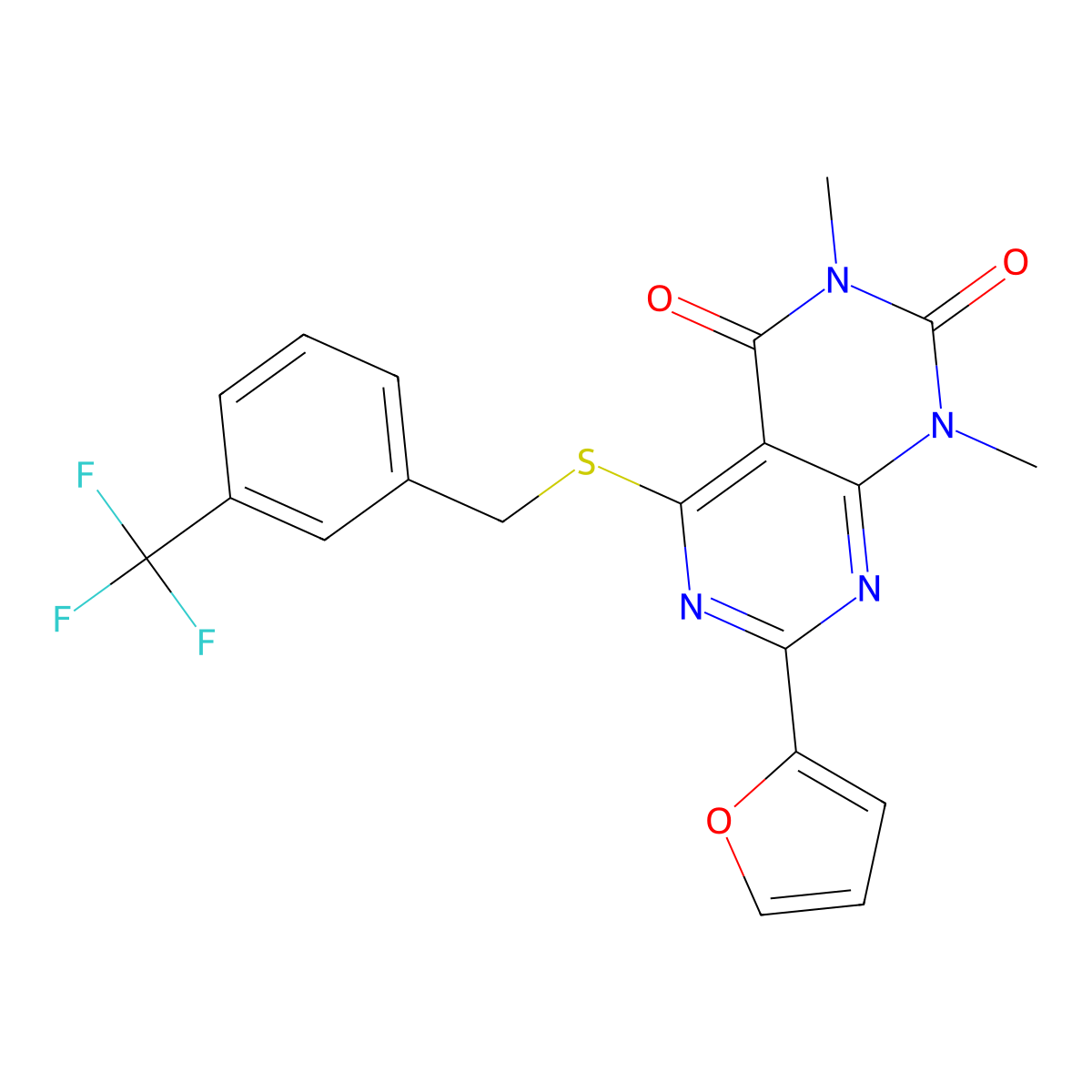 7-(furan-2-yl)-1,3-dimethyl-5-((3-(trifluoromethyl)benzyl)thio)pyrimido[4,5-d]pyrimidine-2,4(1H,3H)-dione molecular structure, CAS 847191-21-3