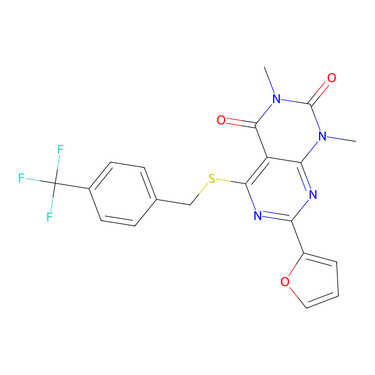 7-(furan-2-yl)-1,3-dimethyl-5-((4-(trifluoromethyl)benzyl)thio)pyrimido[4,5-d]pyrimidine-2,4(1H,3H)-dione molecular structure, CAS 847191-22-4