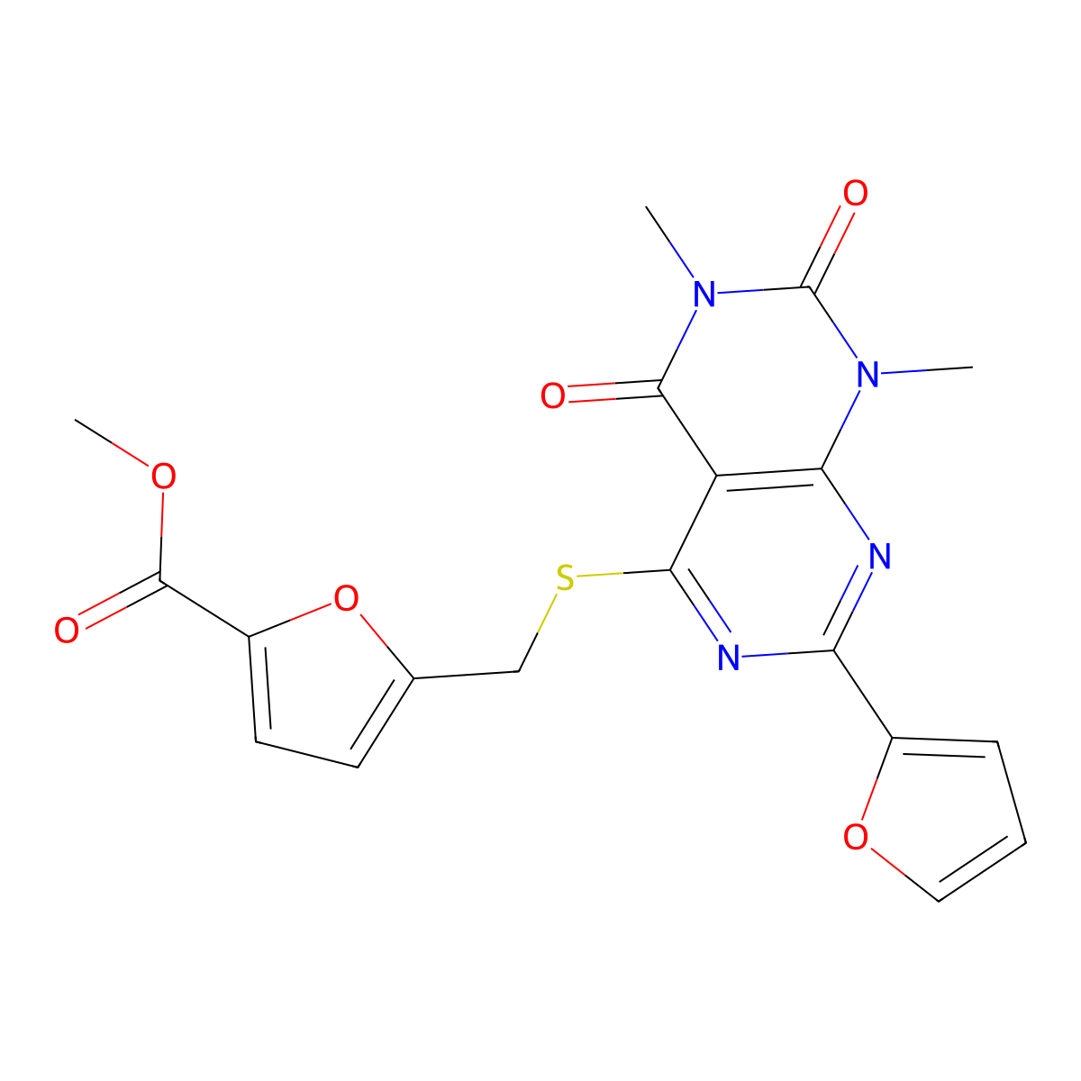 Methyl 5-(((2-(furan-2-yl)-6,8-dimethyl-5,7-dioxo-5,6,7,8-tetrahydropyrimido[4,5-d]pyrimidin-4-yl)thio)methyl)furan-2-carboxylate molecular structure, CAS 847191-23-5