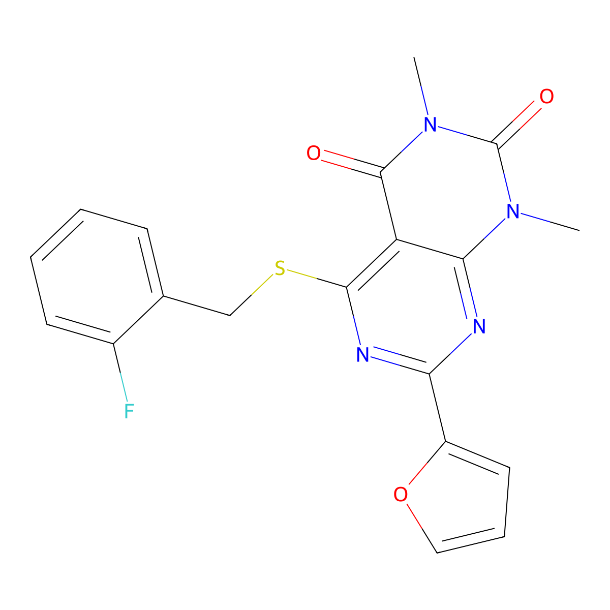 5-[(2-Fluorophenyl)methylsulfanyl]-7-(furan-2-yl)-1,3-dimethylpyrimido[4,5-d]pyrimidine-2,4-dione molecular structure, CAS 847191-24-6