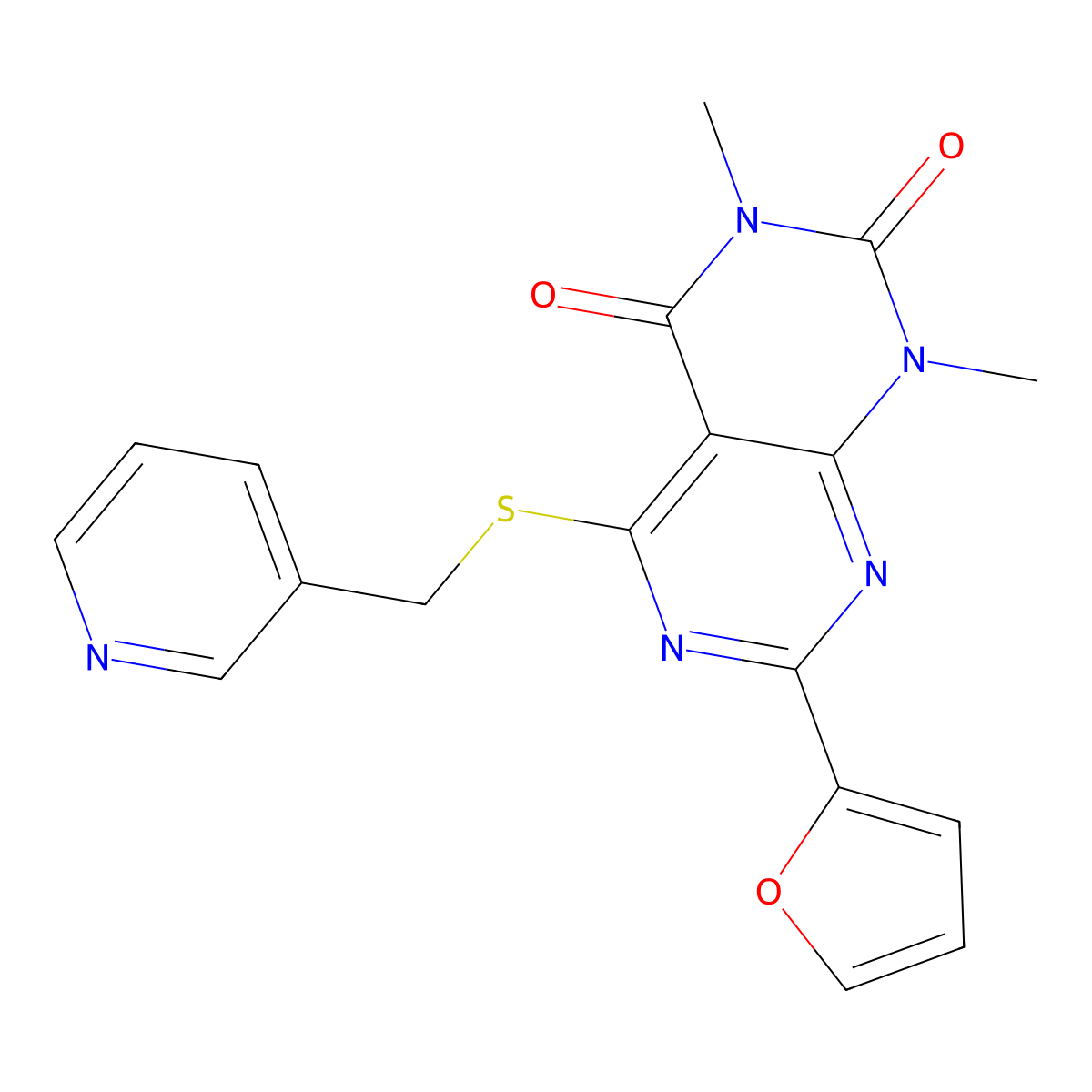 7-(Furan-2-yl)-1,3-dimethyl-5-(pyridin-3-ylmethylsulfanyl)pyrimido[4,5-d]pyrimidine-2,4-dione molecular structure, CAS 847191-25-7