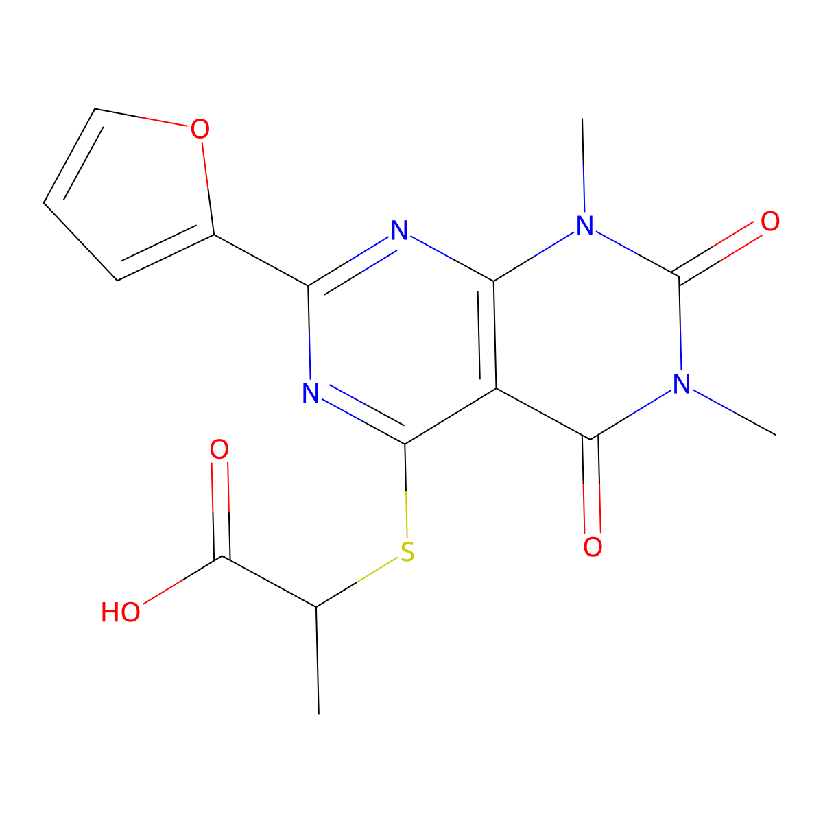 2-((2-(Furan-2-yl)-6,8-dimethyl-5,7-dioxo-5,6,7,8-tetrahydropyrimido[4,5-d]pyrimidin-4-yl)thio)propanoic acid molecular structure, CAS 847191-34-8