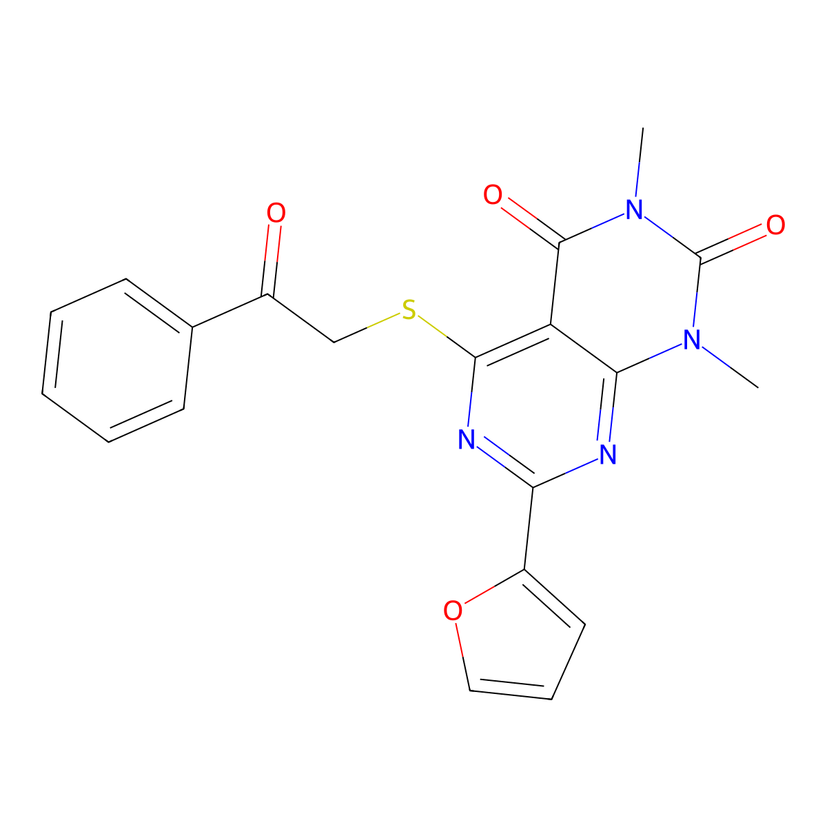 7-(furan-2-yl)-1,3-dimethyl-5-((2-oxo-2-phenylethyl)thio)pyrimido[4,5-d]pyrimidine-2,4(1H,3H)-dione molecular structure, CAS 847191-35-9