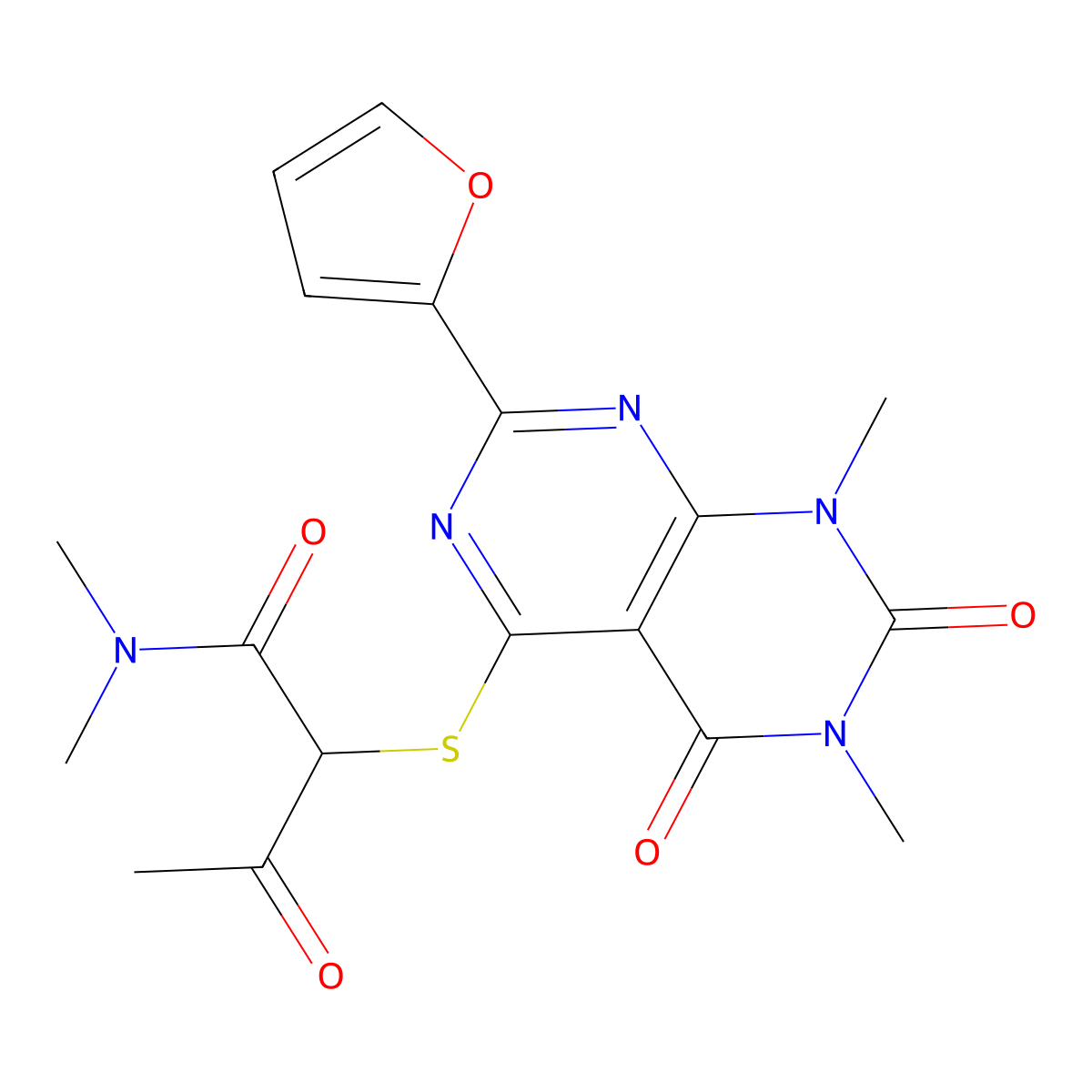 2-[7-(furan-2-yl)-1,3-dimethyl-2,4-dioxopyrimido[4,5-d]pyrimidin-5-yl]sulfanyl-N,N-dimethyl-3-oxobutanamide molecular structure, CAS 847191-37-1