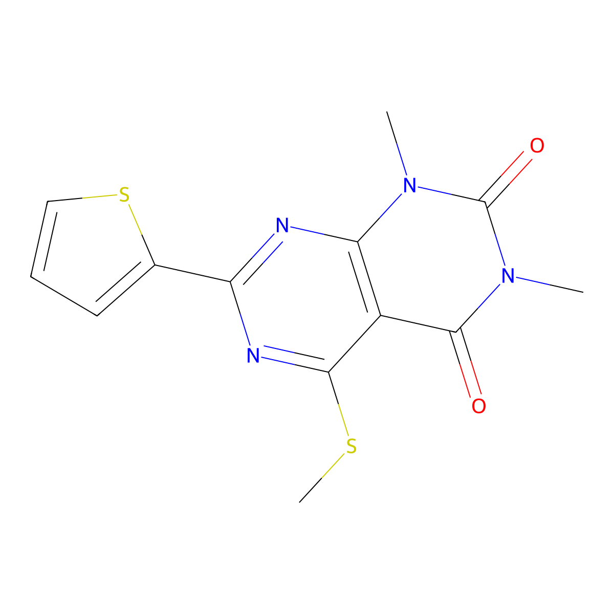 1,3-Dimethyl-5-methylsulfanyl-7-thiophen-2-ylpyrimido[4,5-d]pyrimidine-2,4-dione molecular structure, CAS 847191-39-3