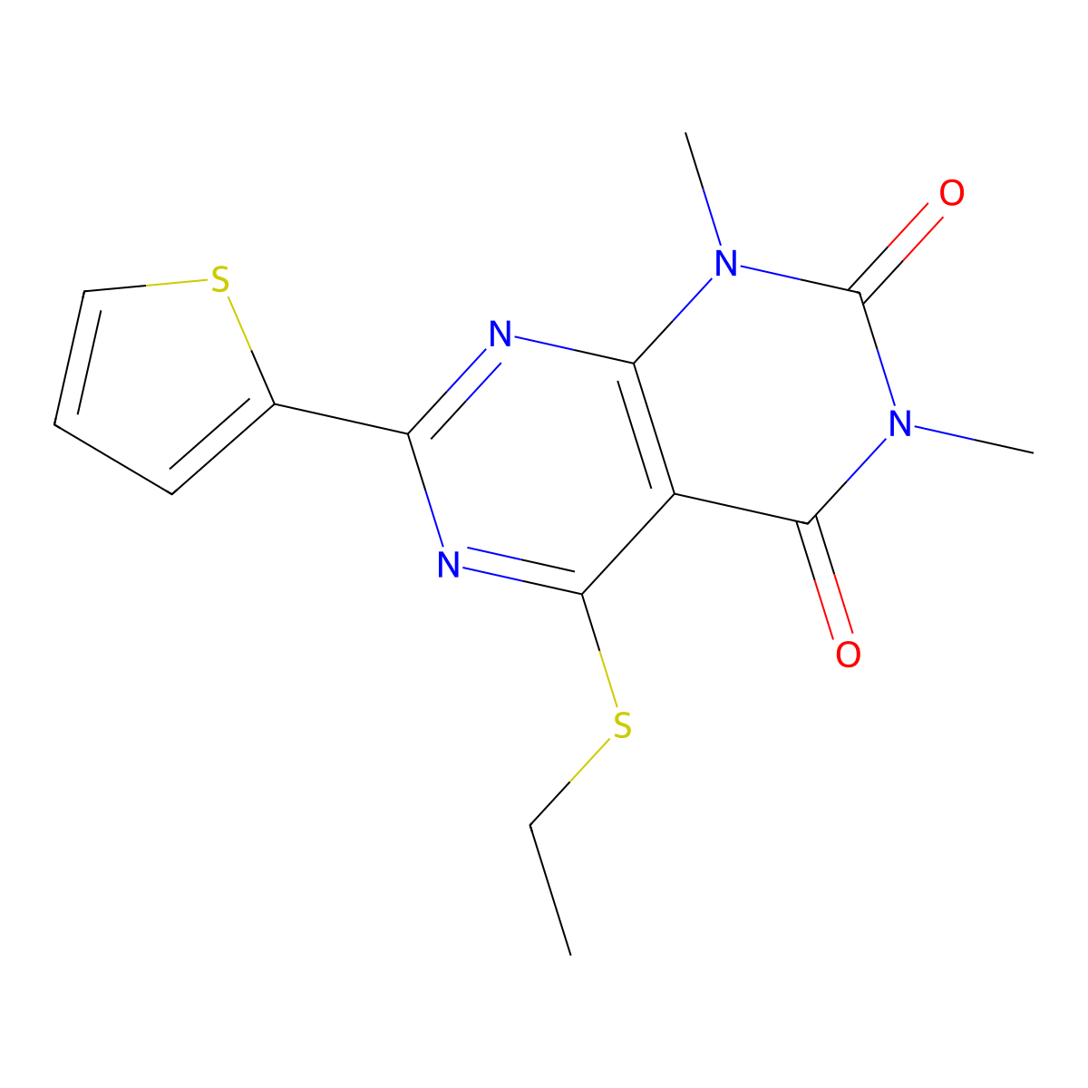 5-Ethylsulfanyl-1,3-dimethyl-7-thiophen-2-ylpyrimido[4,5-d]pyrimidine-2,4-dione molecular structure, CAS 847191-40-6