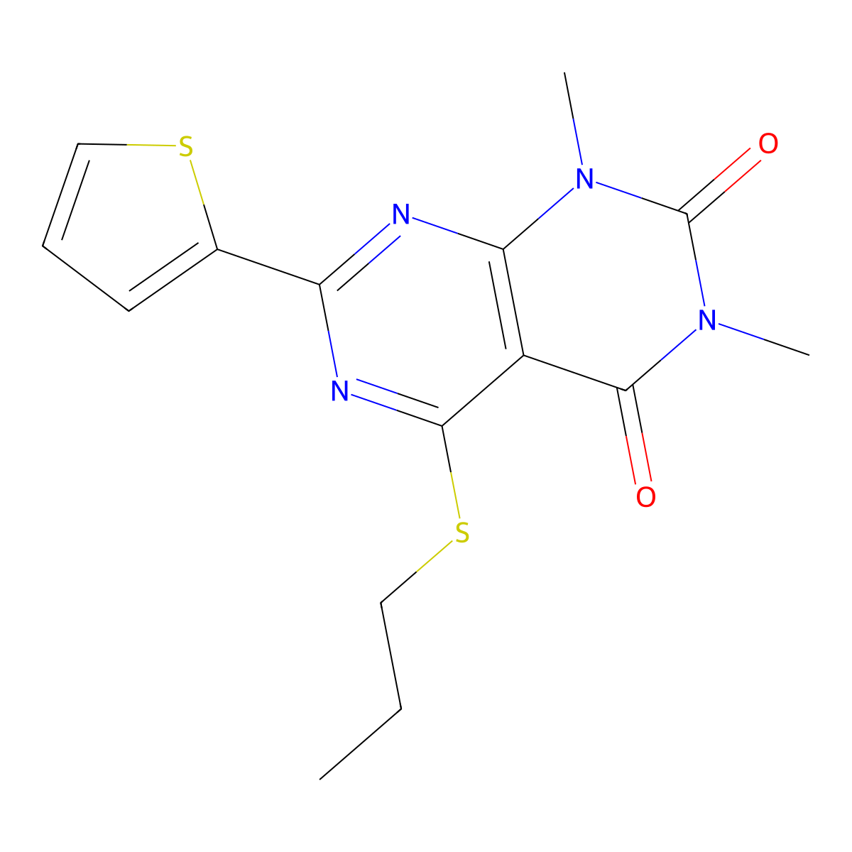 1,3-Dimethyl-5-propylsulfanyl-7-thiophen-2-ylpyrimido[4,5-d]pyrimidine-2,4-dione molecular structure, CAS 847191-41-7