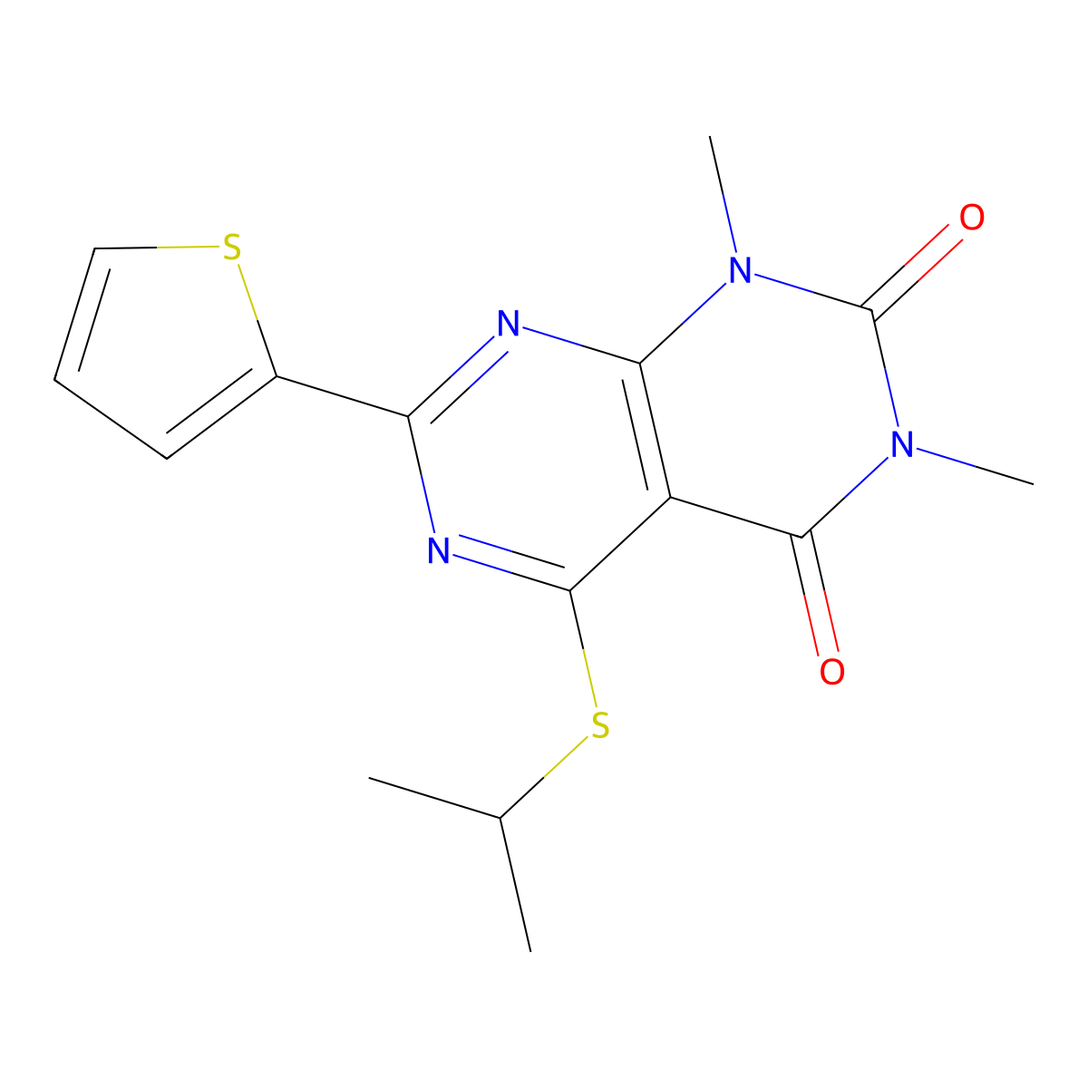 5-(isopropylthio)-1,3-dimethyl-7-(thiophen-2-yl)pyrimido[4,5-d]pyrimidine-2,4(1H,3H)-dione molecular structure, CAS 847191-42-8