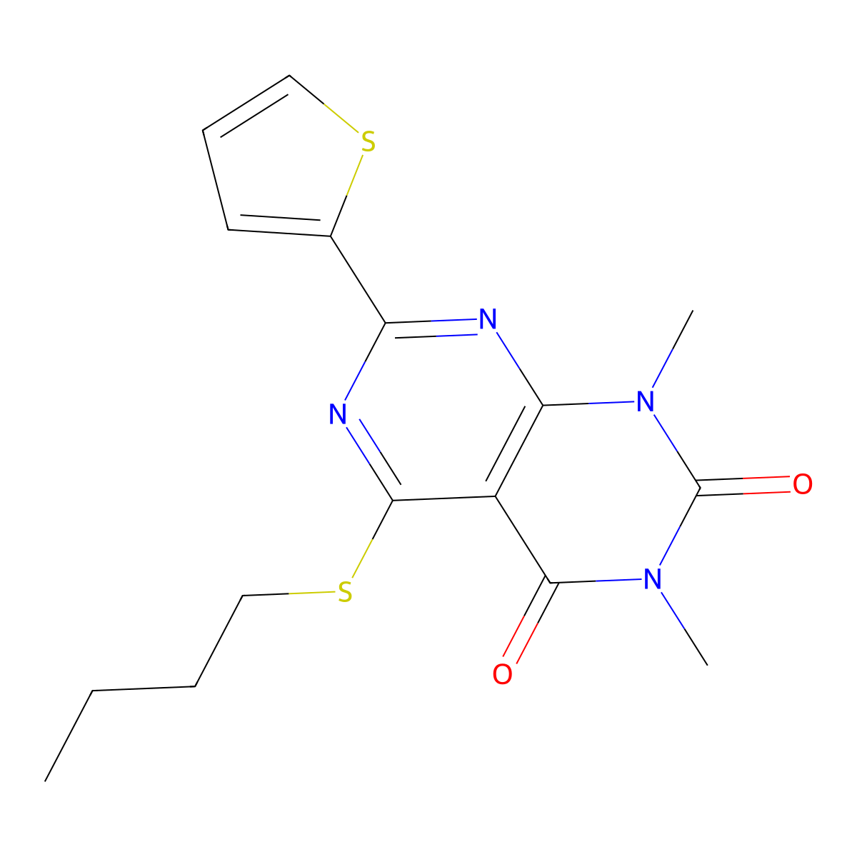5-(butylthio)-1,3-dimethyl-7-(thiophen-2-yl)pyrimido[4,5-d]pyrimidine-2,4(1H,3H)-dione molecular structure, CAS 847191-43-9
