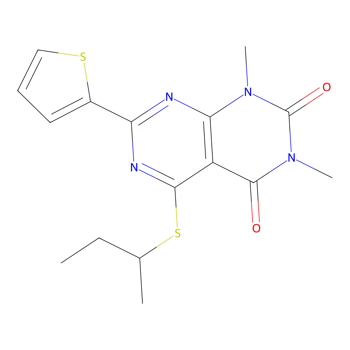 5-(sec-butylthio)-1,3-dimethyl-7-(thiophen-2-yl)pyrimido[4,5-d]pyrimidine-2,4(1H,3H)-dione molecular structure, CAS 847191-44-0